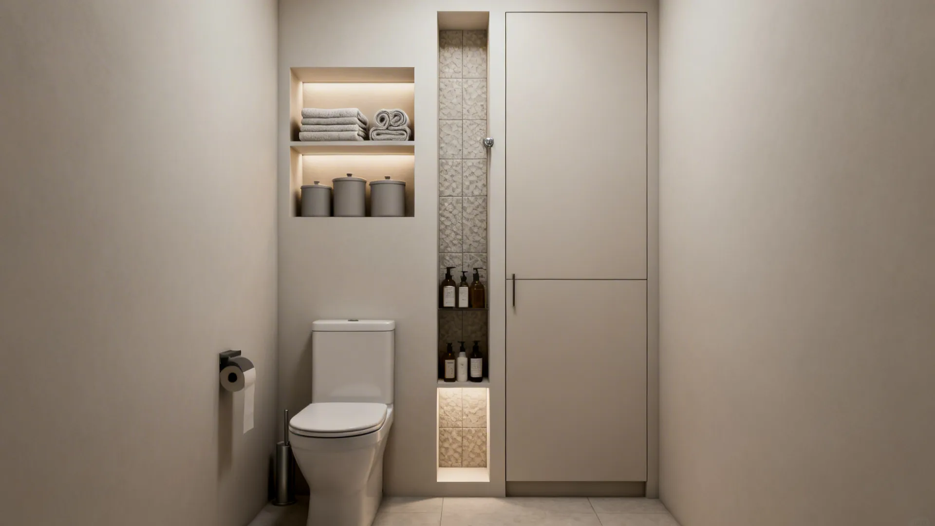 Narrow recessed niches and tall slim storage maximizing vertical space