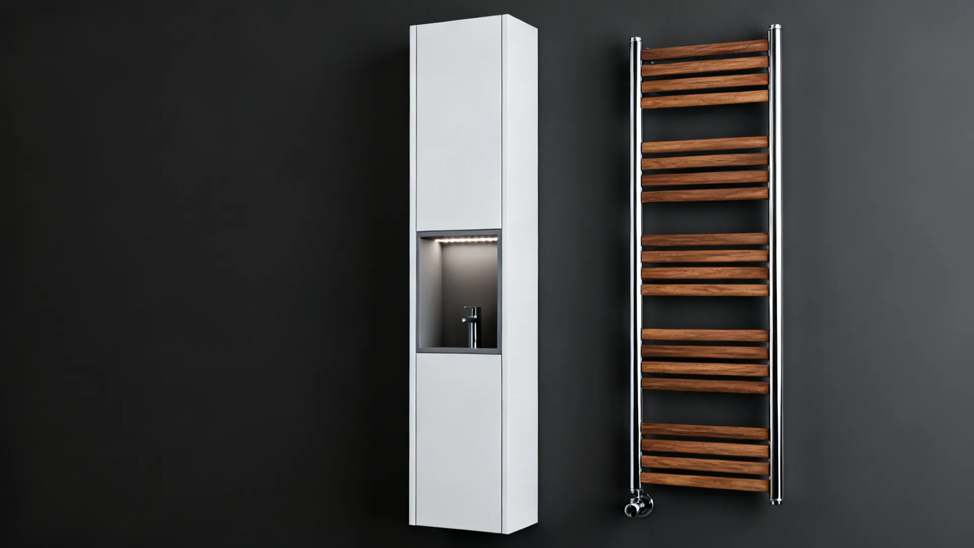 Tall slim cabinet, recessed shower niche with LED lighting and vertical towel rack.