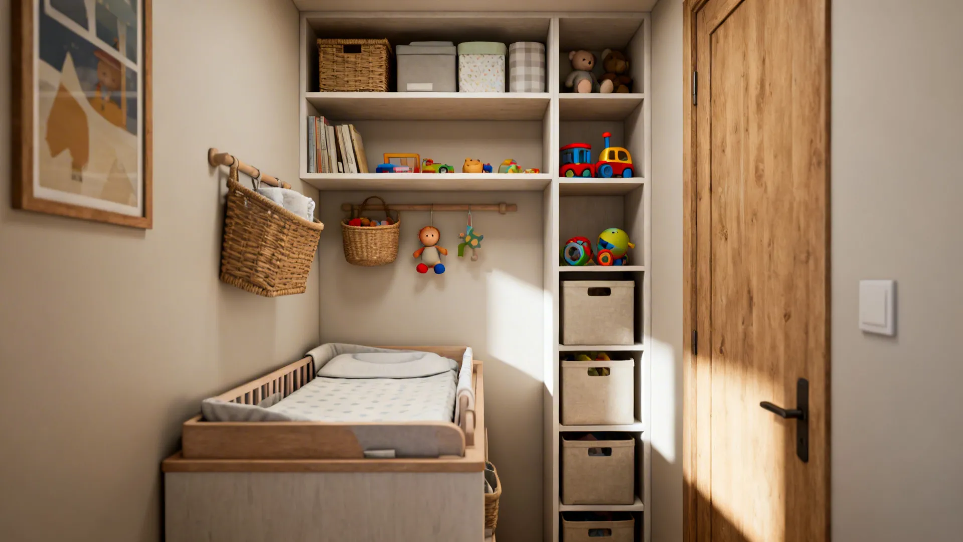 Built-in shelving and wall-mounted baskets in a small nursery using vertical storage.