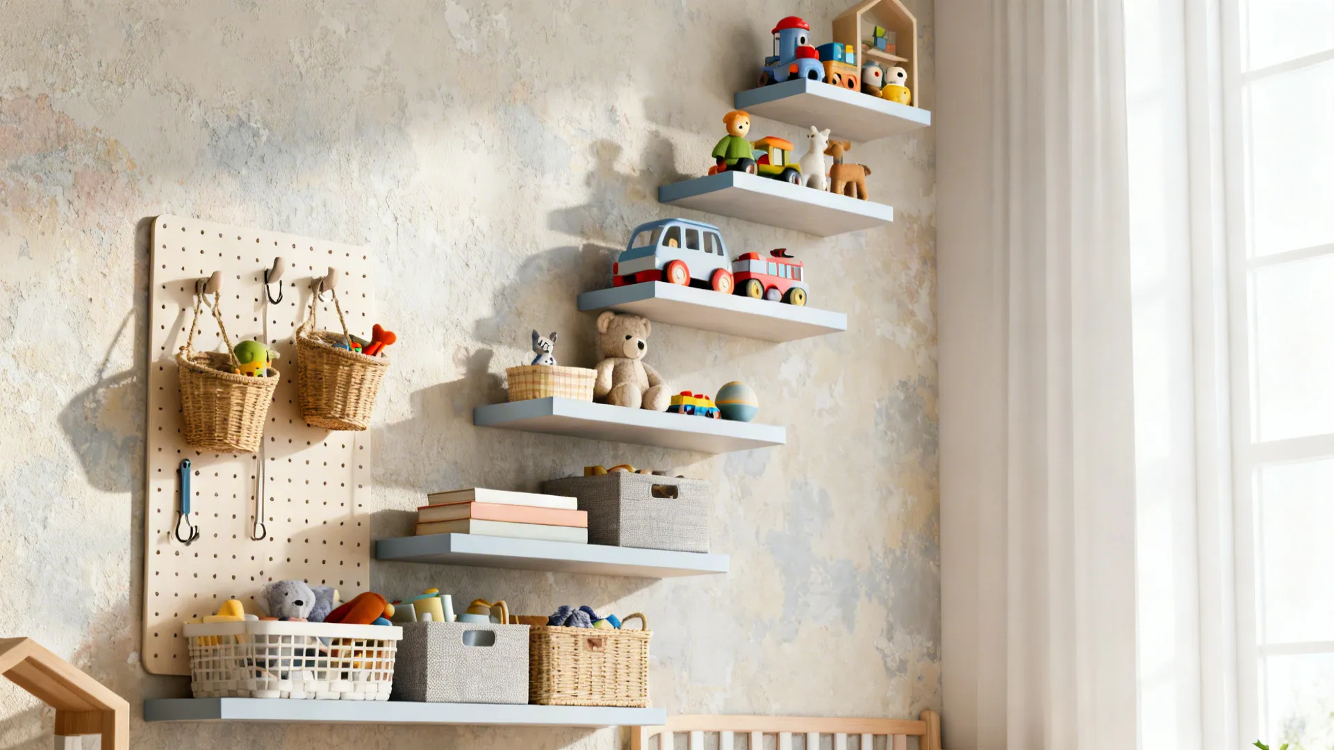 Staggered wall shelves and pegboards creating vertical storage zones in a small nursery.