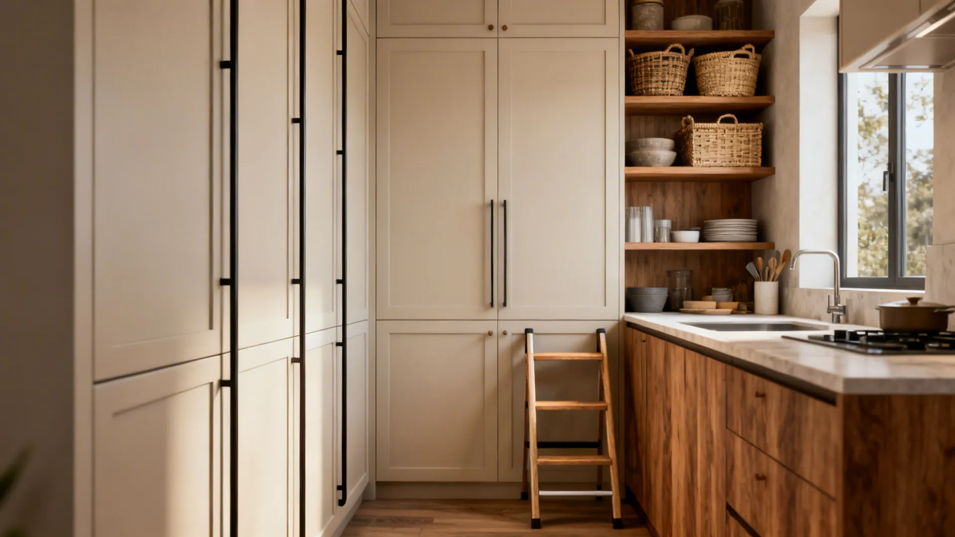 Full-height pantry cabinets and ceiling-high shelving with a sliding step stool in a tidy small kitchen