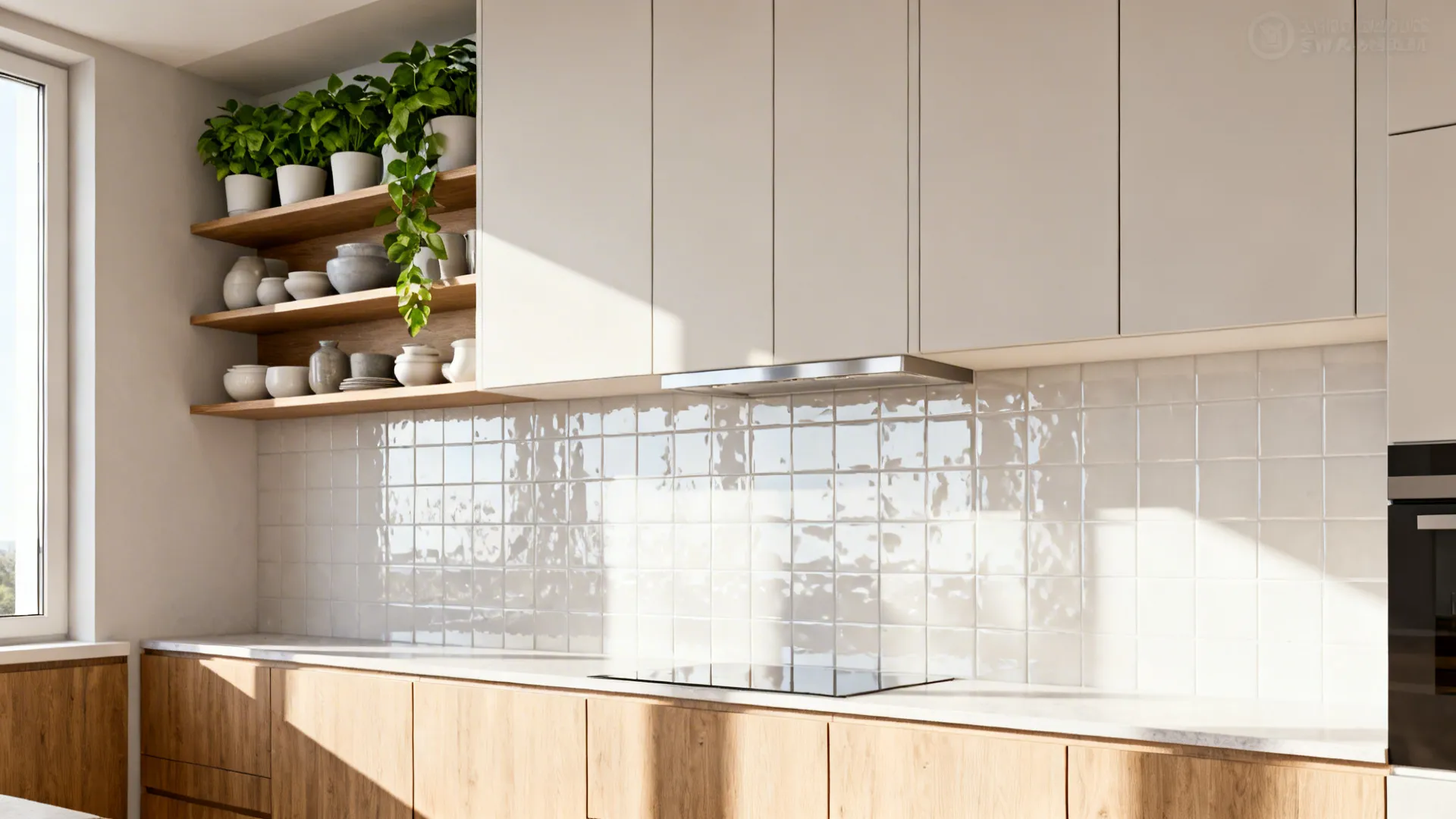 Small kitchen with floor-to-ceiling cabinets and open shelves making the room feel taller.