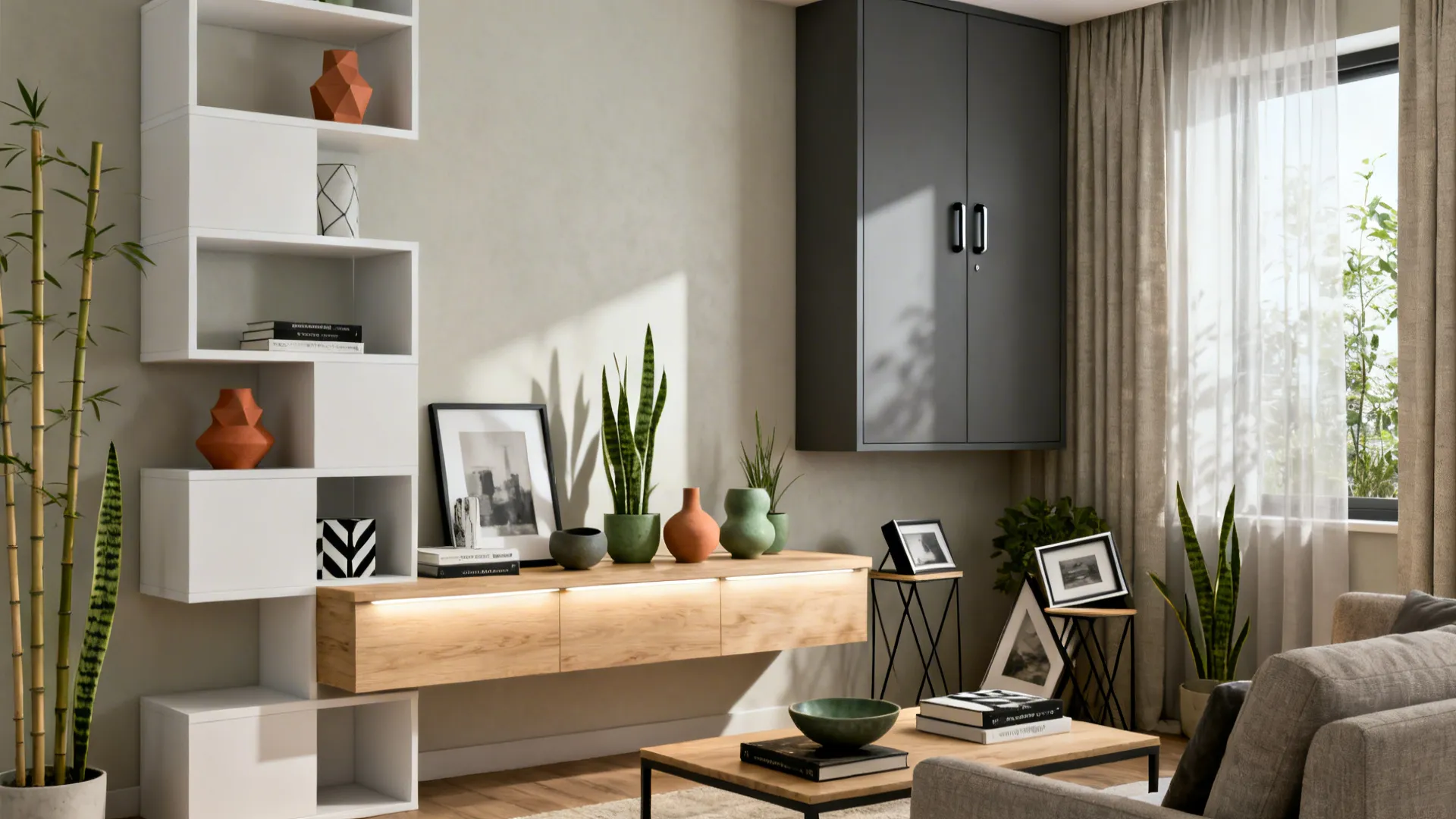 Tall shelving and floating consoles maximizing vertical storage and display in a small living room.