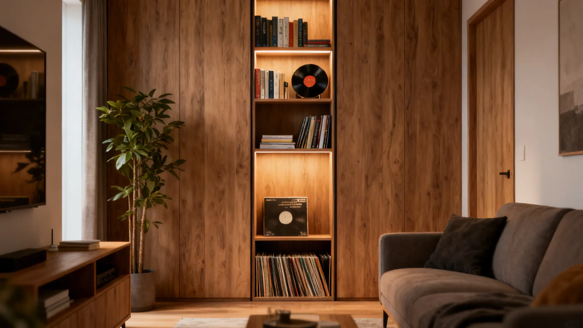Slim floor-to-ceiling shelving with books and a record collection, balanced displays and a tall plant.
