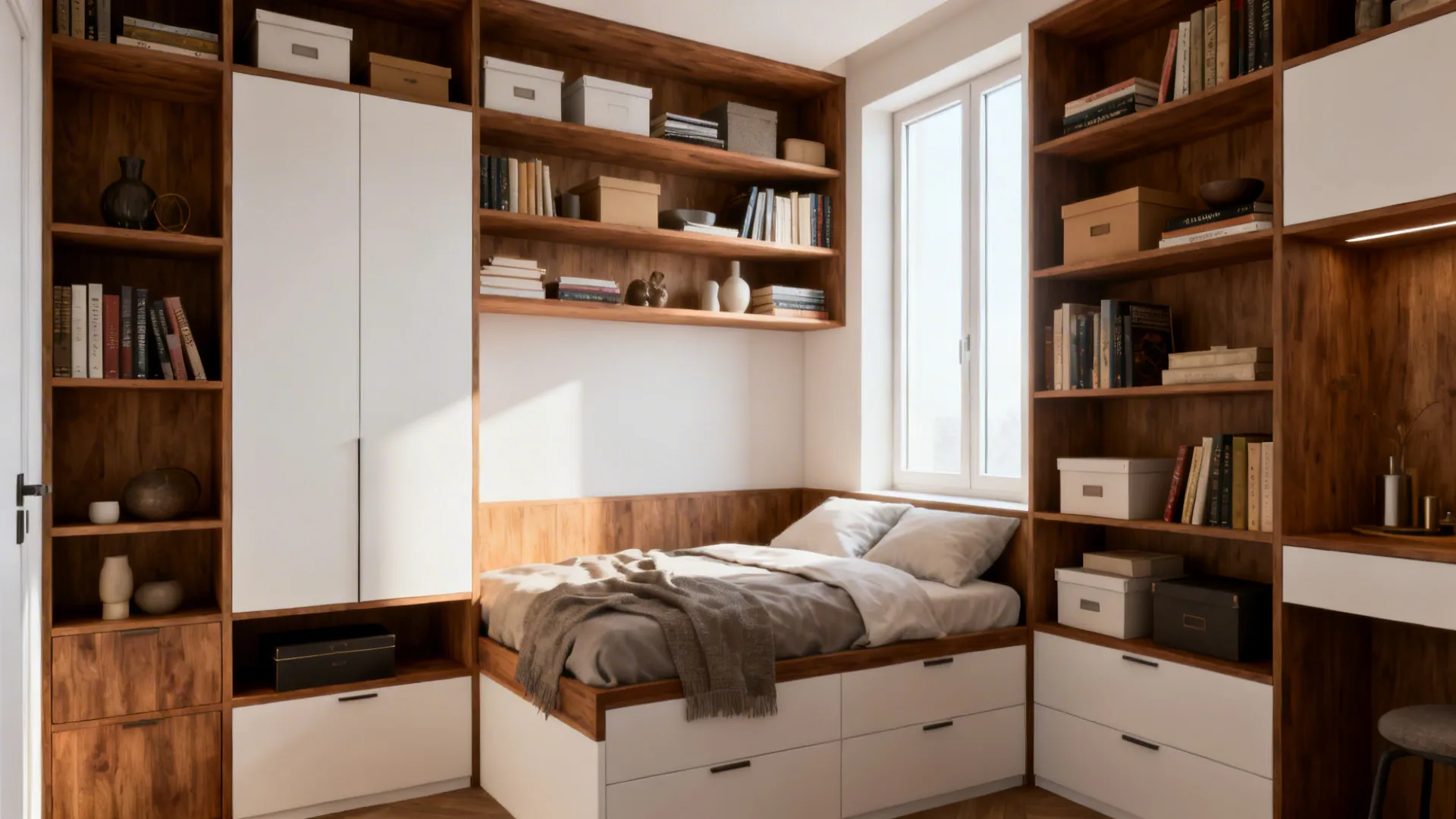 Small bedroom with floor-to-ceiling mixed open and closed shelving maximizing vertical storage.