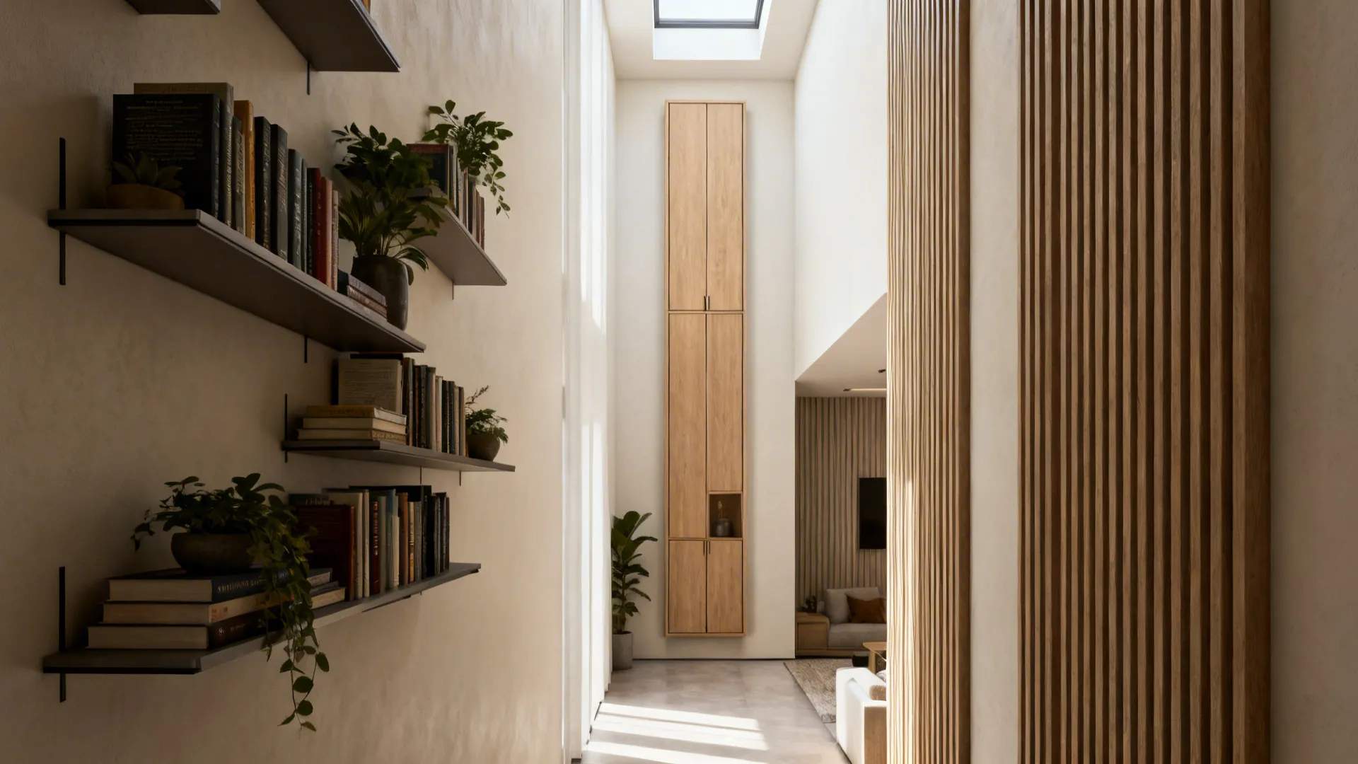 Small living room with floating shelves and a tall slim cabinet maximizing vertical storage.