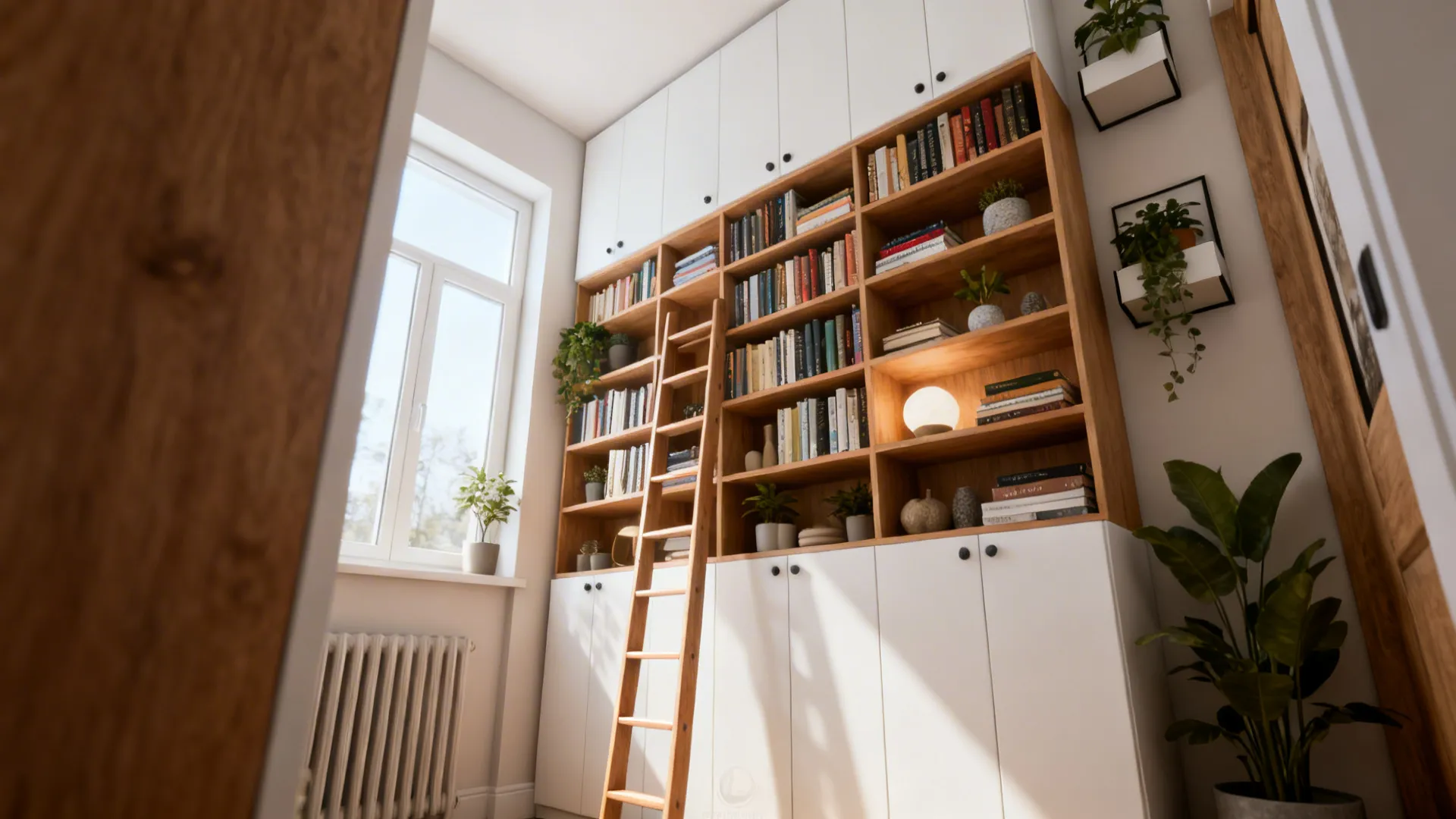 Large wooden wall shelf with a ladder white storage cabinets books and green indoor plants
