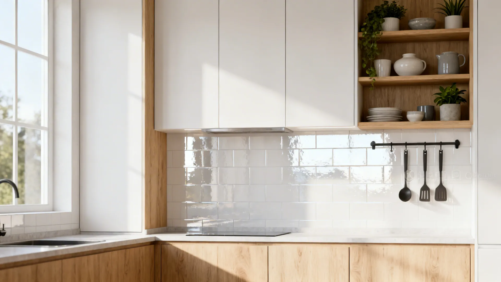 Tall cabinets with a single curated open shelf and utensil hooks in a bright small kitchen.