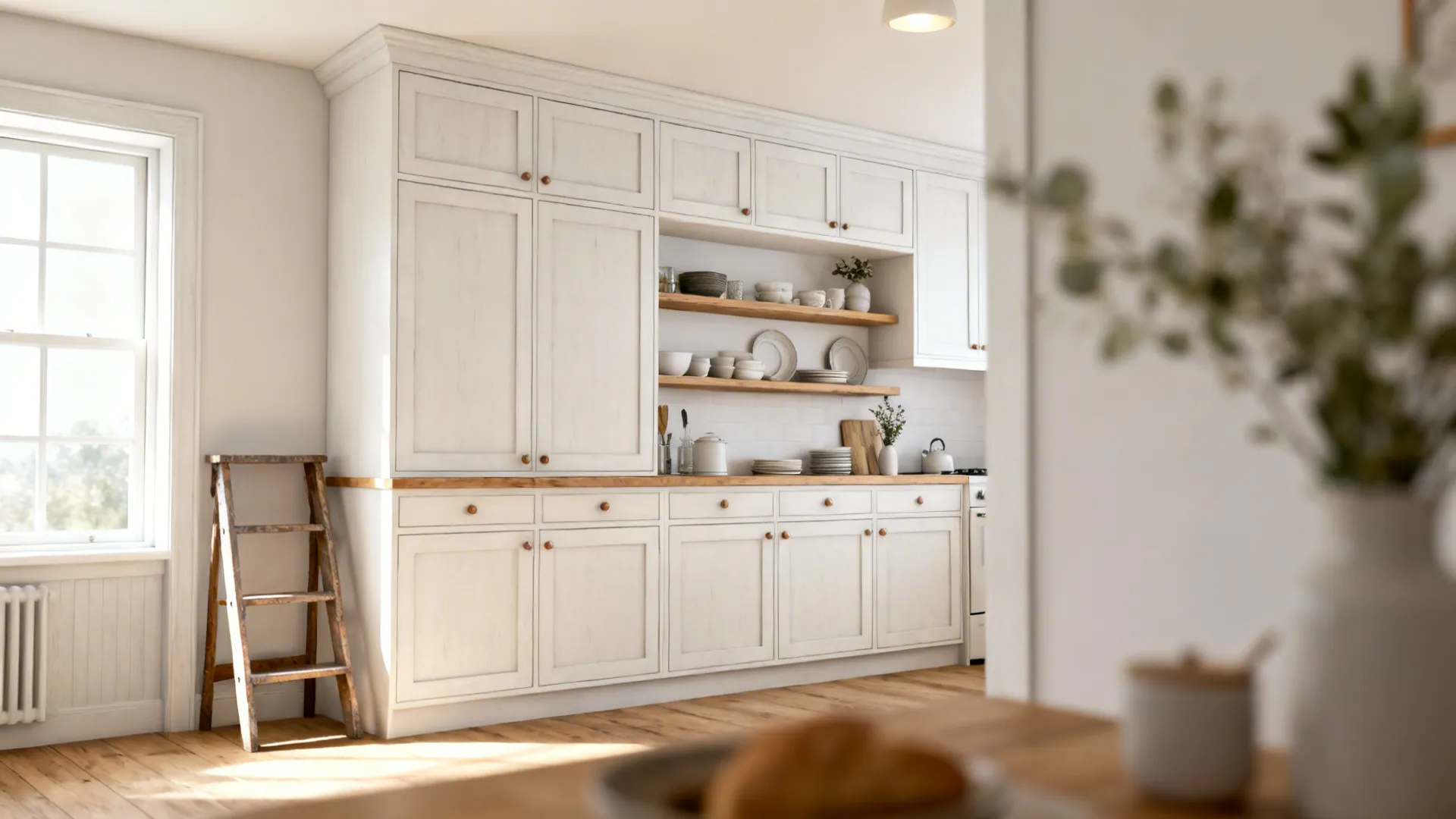Small kitchen with full-height cabinets to the ceiling and open shelves, with a step stool.