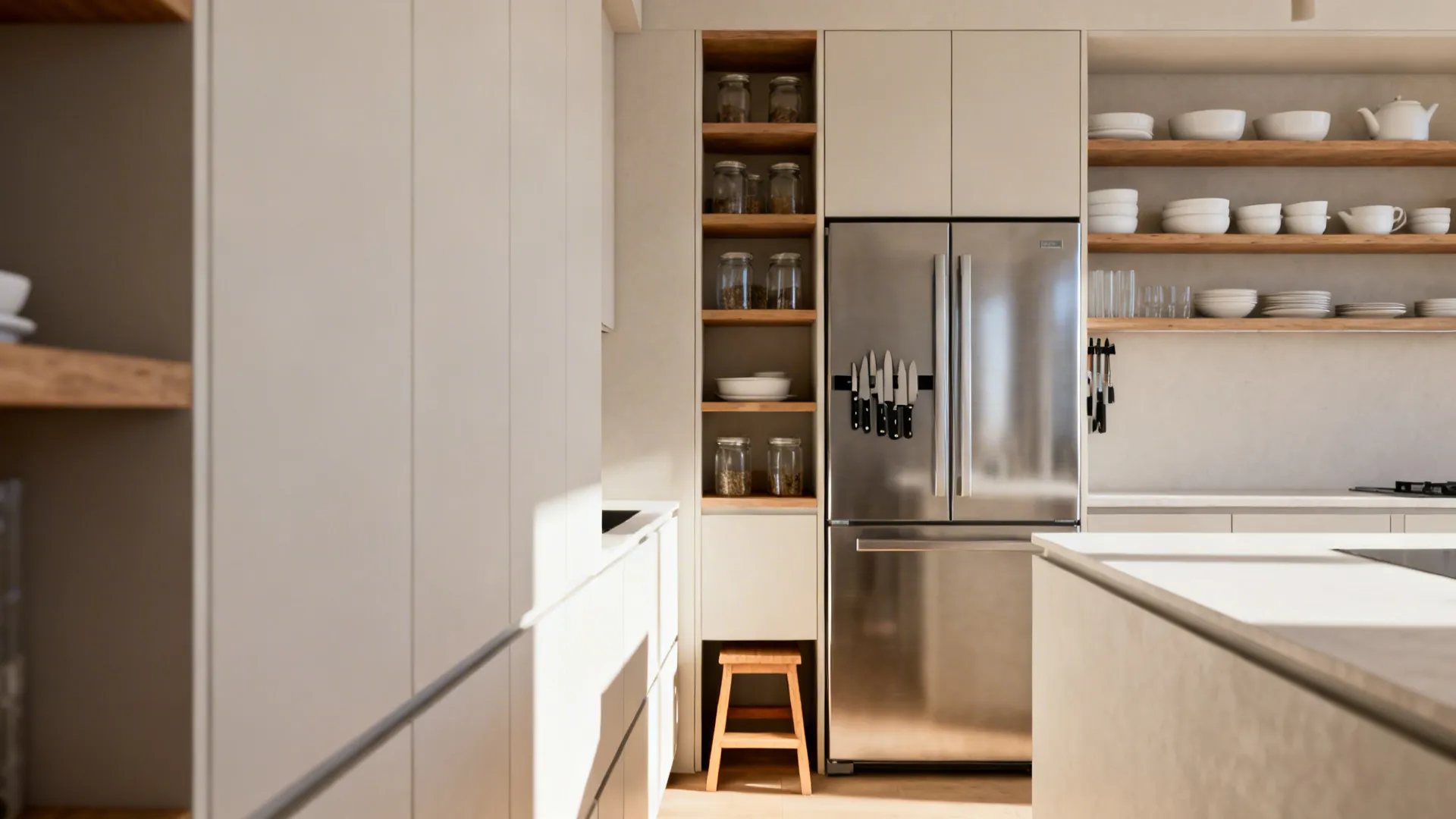 Narrow kitchen wall with tall shallow cabinets, open shelves, and magnetic strip above counters