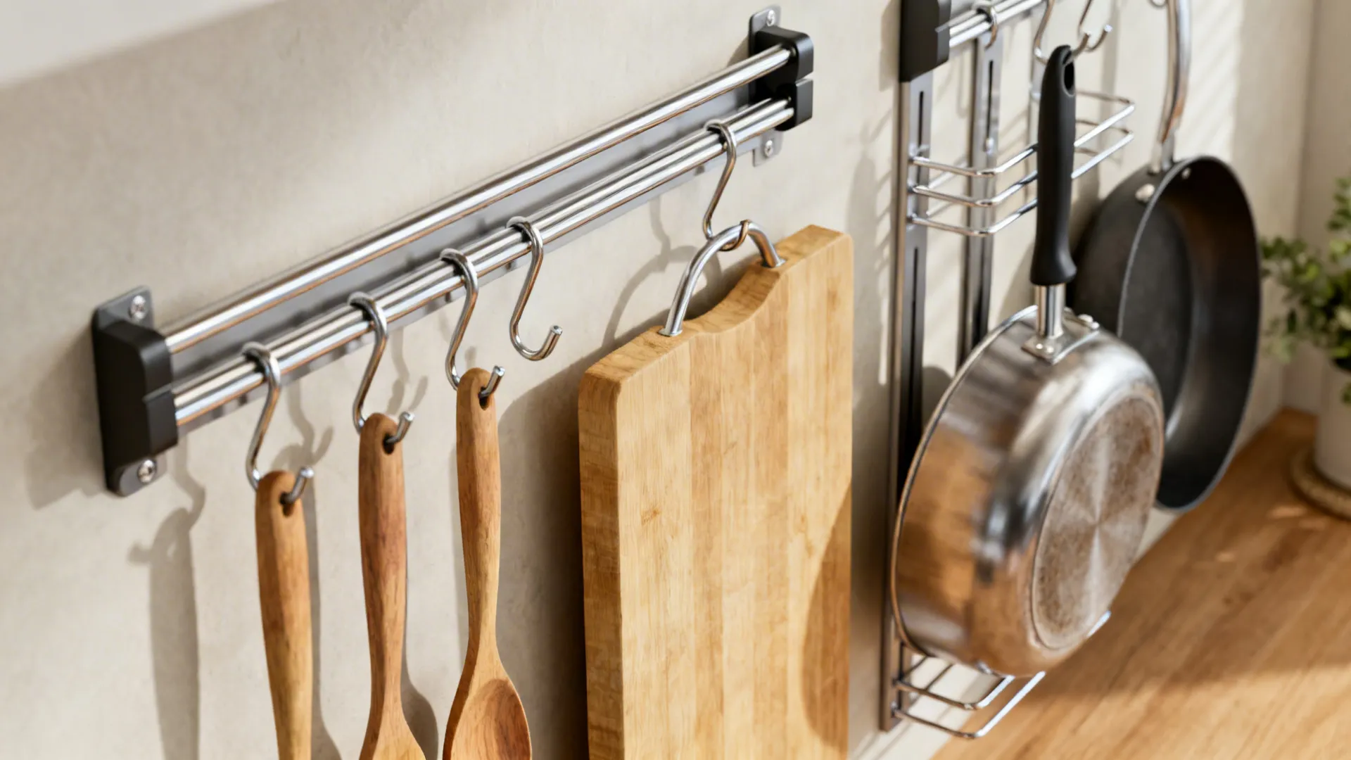 Magnetic wall knife strip and rails with hanging utensils clearing the counter