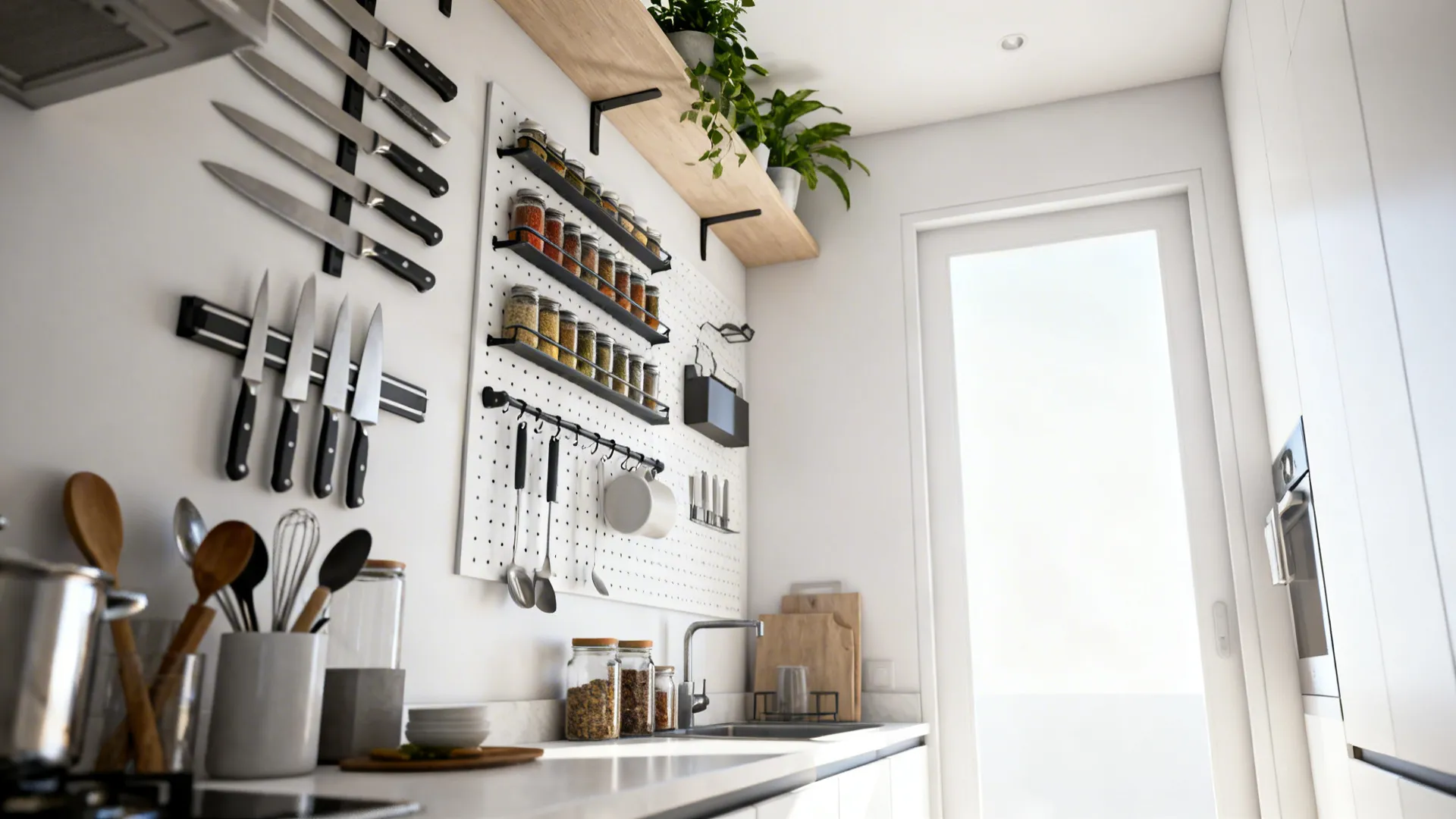 Kitchen wall with magnetic strip, spice rails and pegboard reaching to the ceiling