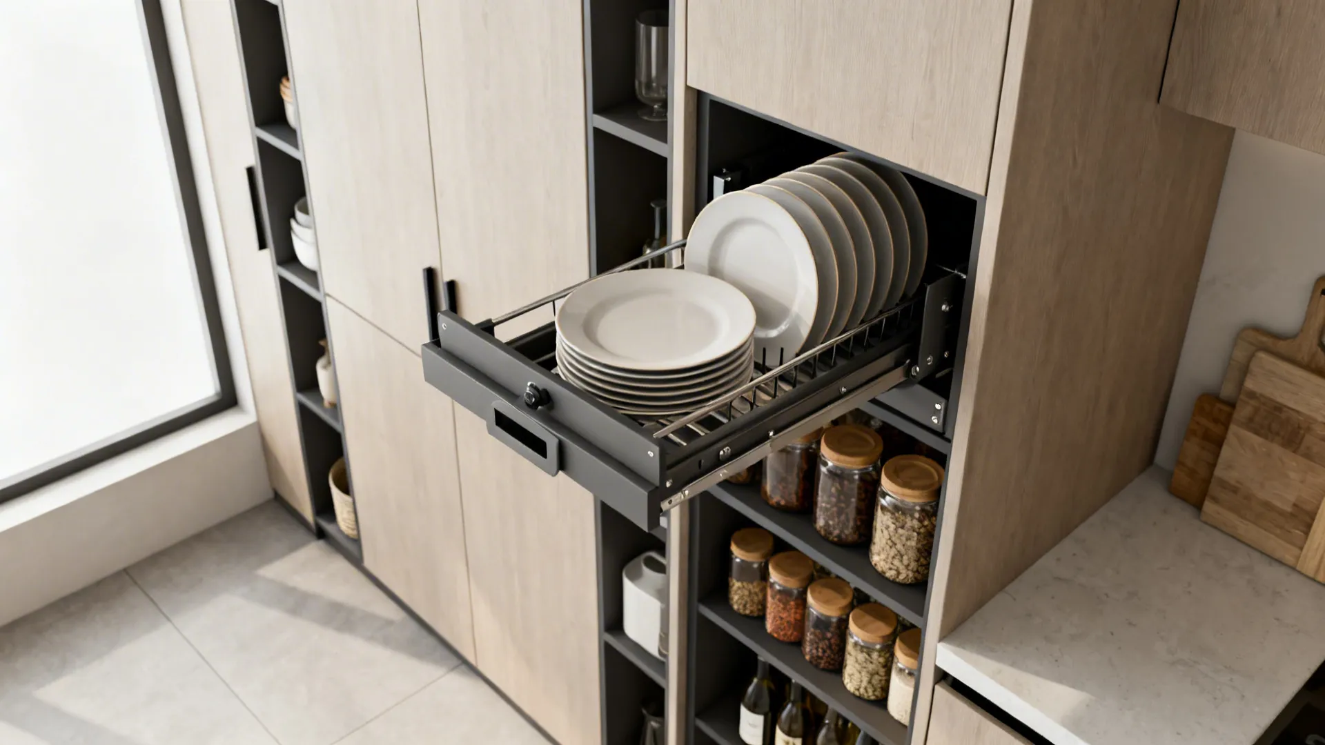 Vertical cabinets with pull-down shelves holding plates and pantry items for easy access in a small kitchen.