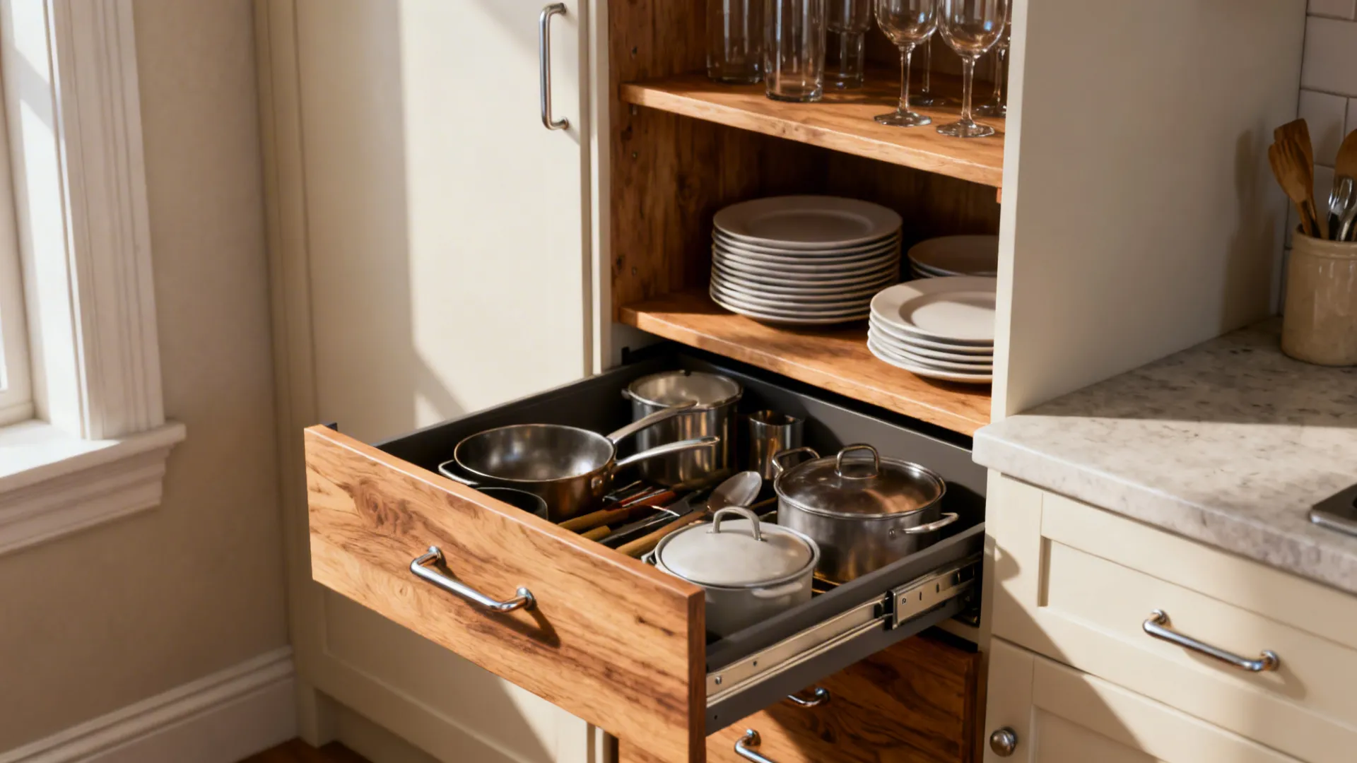 Deep drawers and open wooden shelves in a small kitchen, neatly organized
