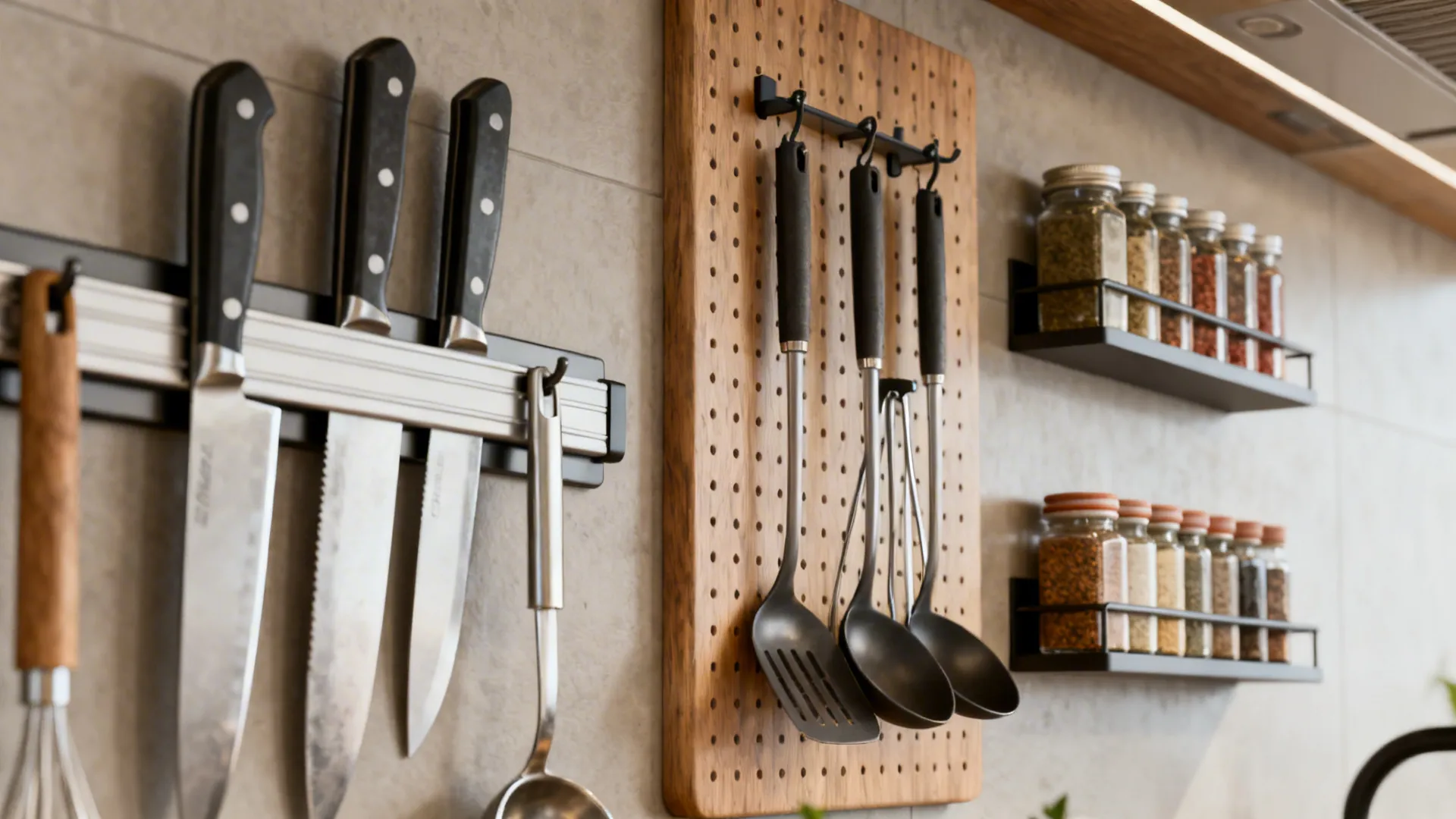 Vertical tool rails and magnetic strips organizing utensils on a kitchen wall
