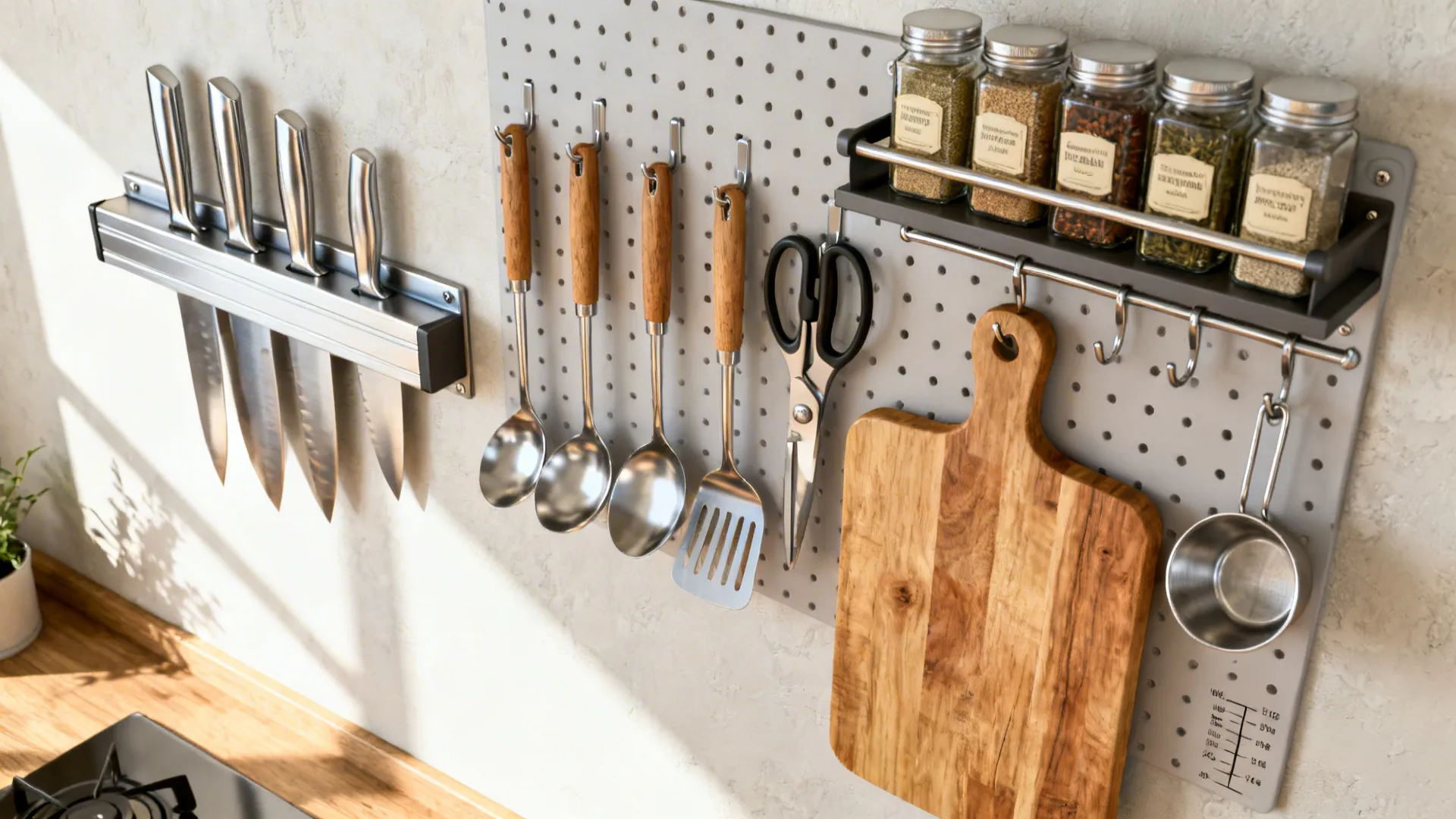 Magnetic knife strip and pegboard with utensils and spice rails used for vertical organization in a small kitchen.