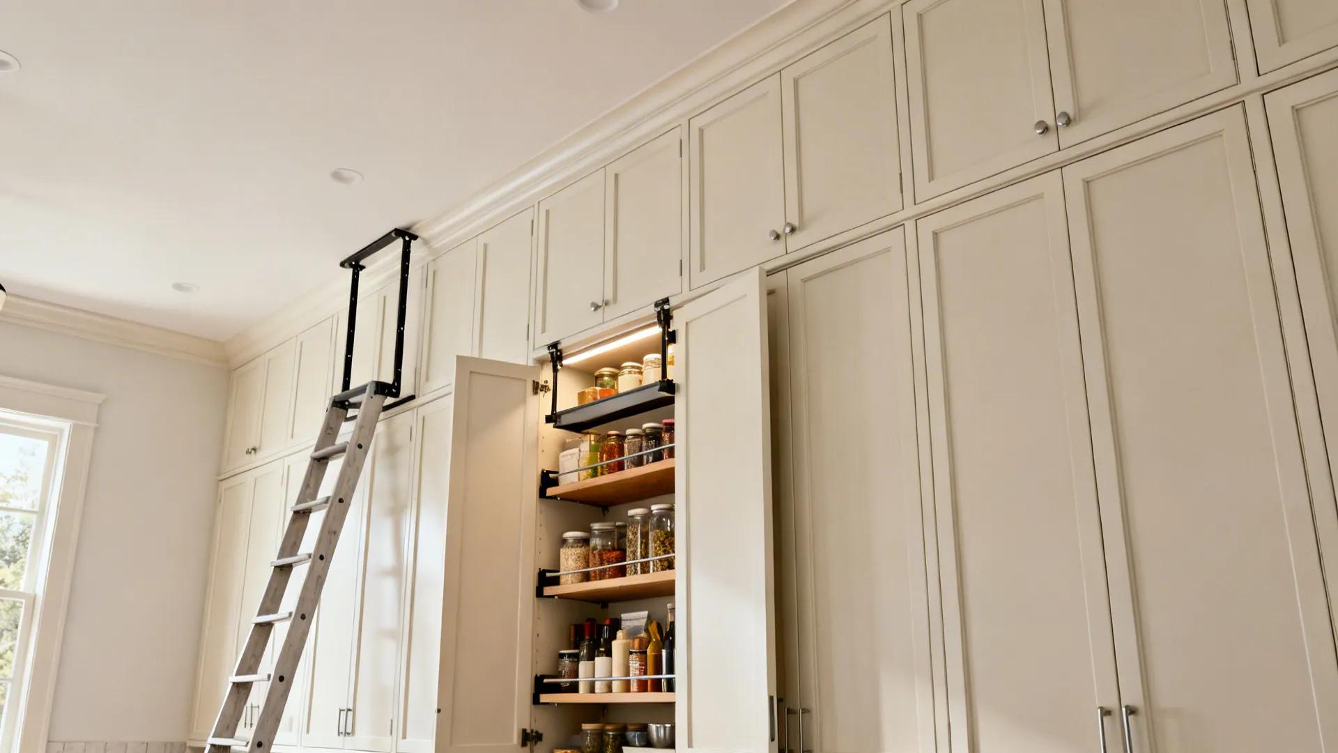 Ceiling-high kitchen cabinets with pull-down shelves and a small step stool for maximizing vertical storage