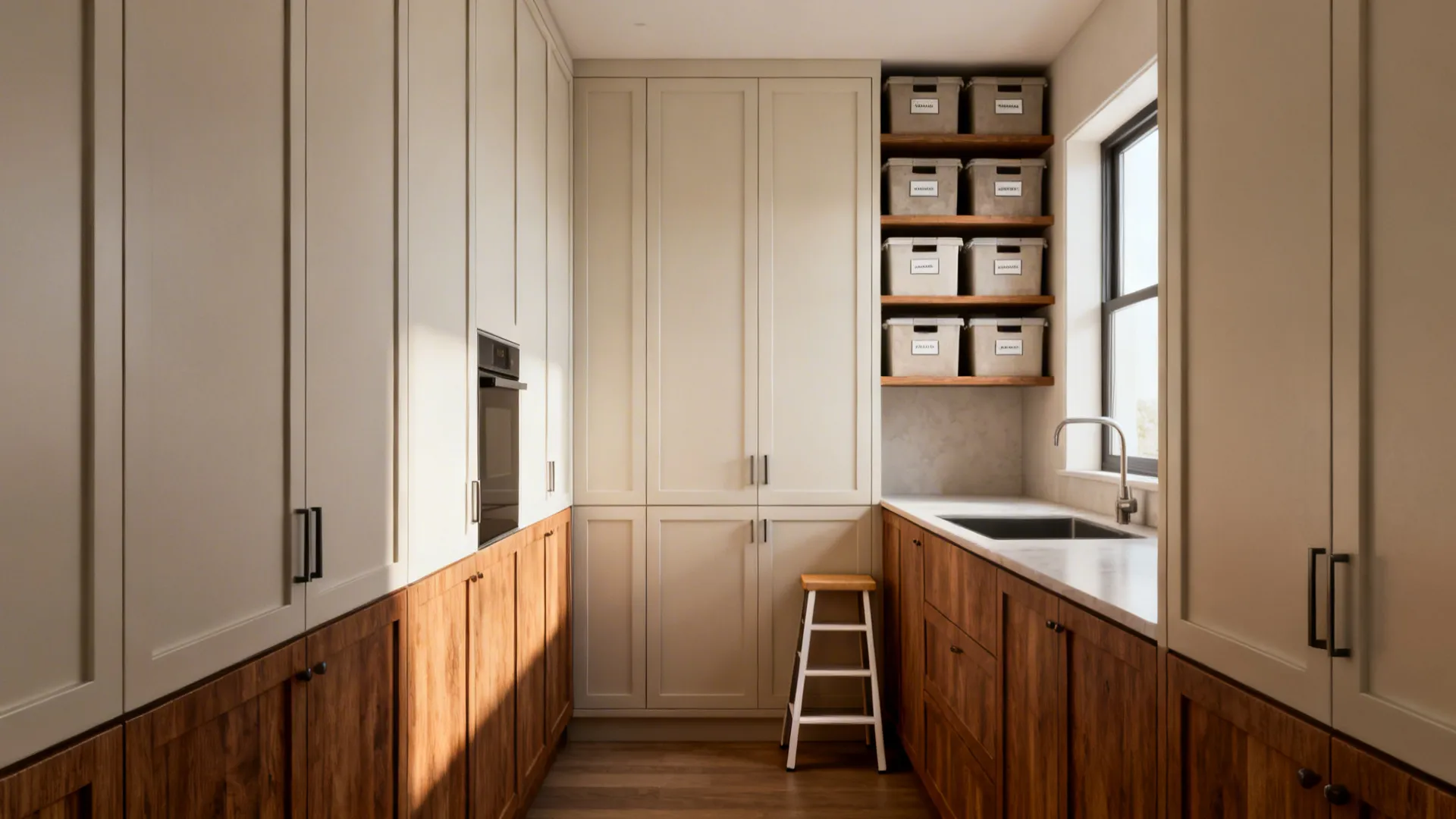 Floor-to-ceiling cabinets in a galley kitchen with a slim step stool and organized top shelves.