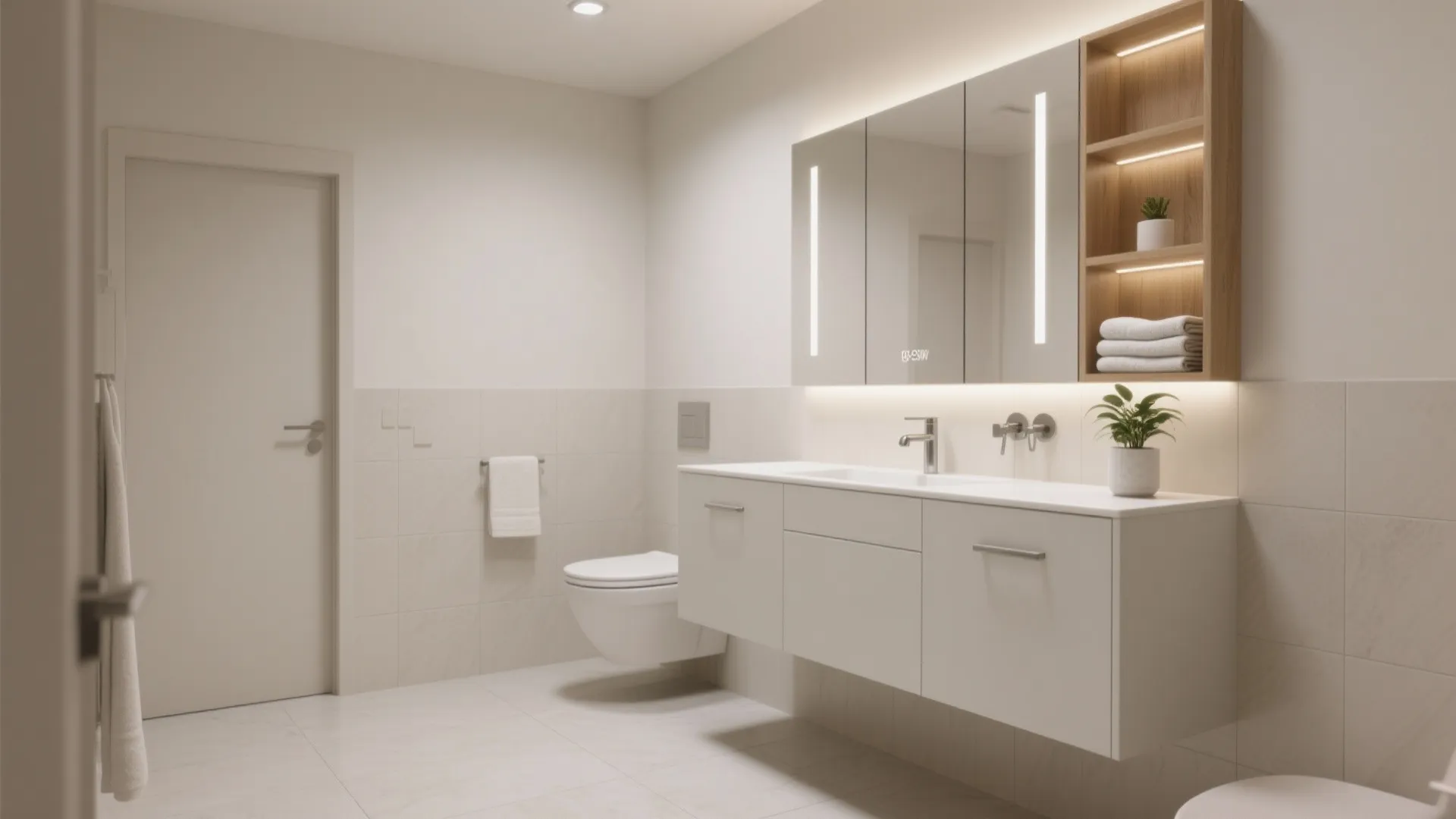 Minimalist white bathroom with floating cabinet mirror with lights toilet and wooden wall storage shelves