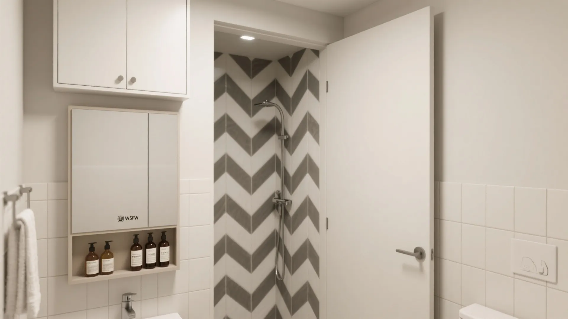 Modern bathroom with grey pattern shower wall white cabinet and mirror with small storage shelves