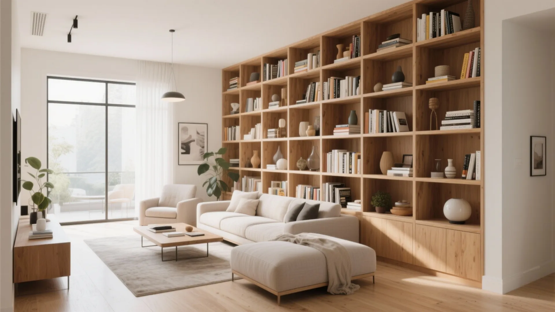 Bright living room featuring large wood wall cabinet with books sofa and neutral colored floor rug
