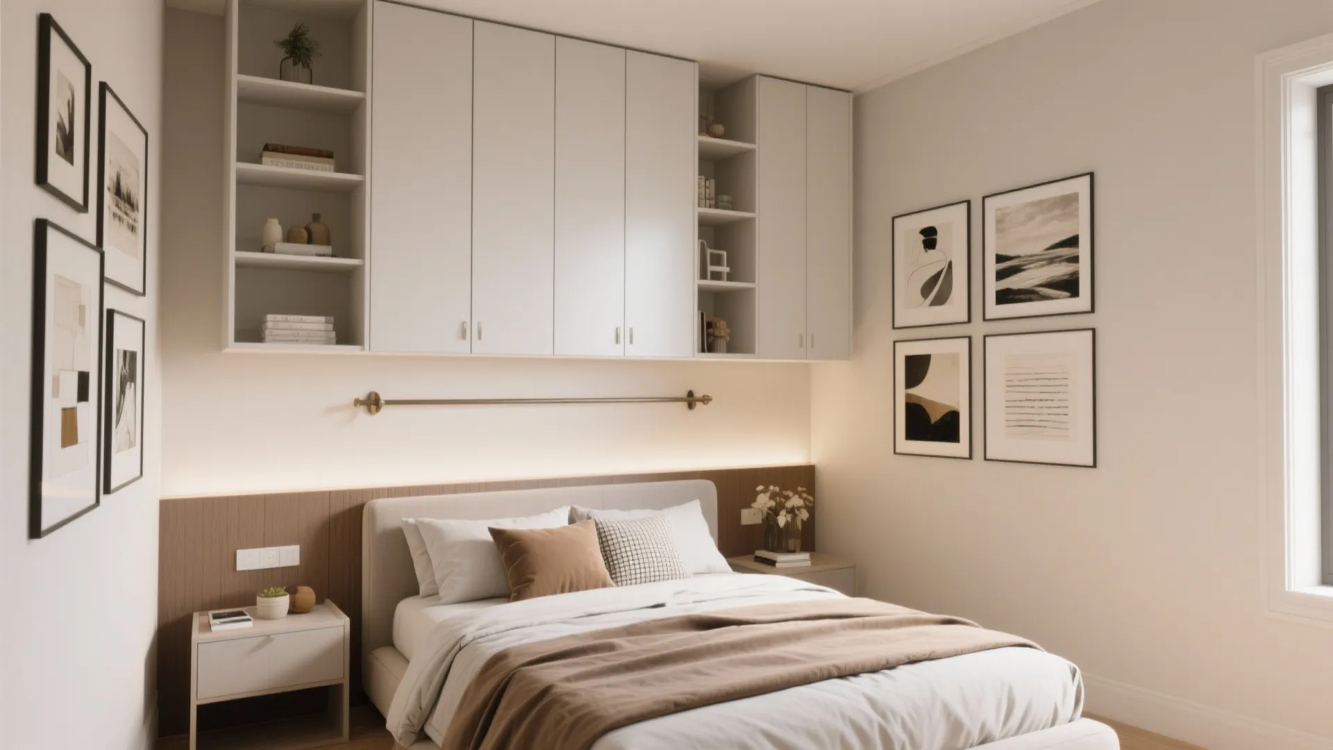 Cozy bedroom featuring white wall cabinet storage above bed, gallery wall art, and warm lighting