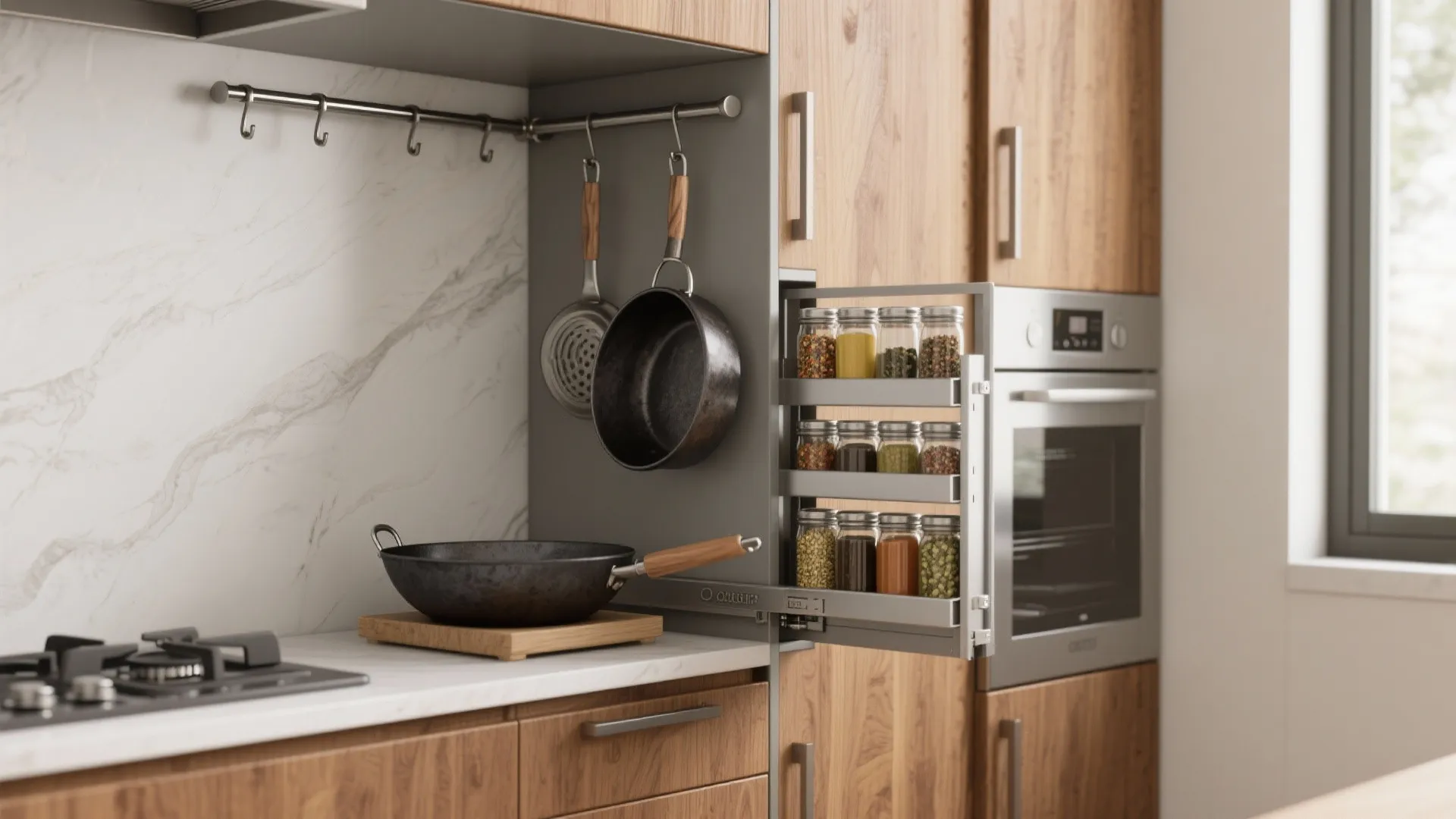 Modern wood kitchen cabinet with pull out spice rack organizer next to oven and stove