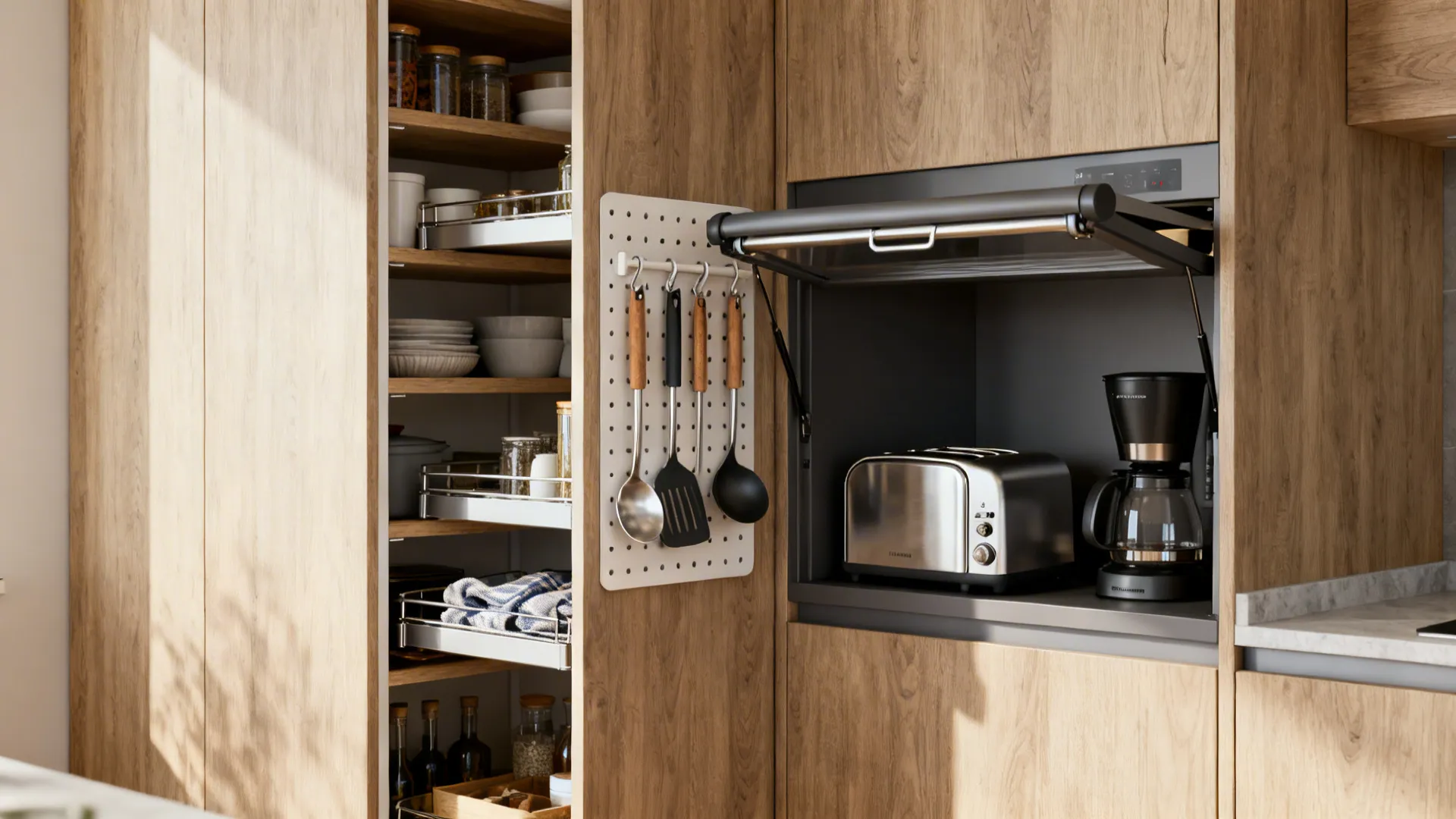 Tall pull-out pantry and an appliance garage keeping counters clear in a small kitchen