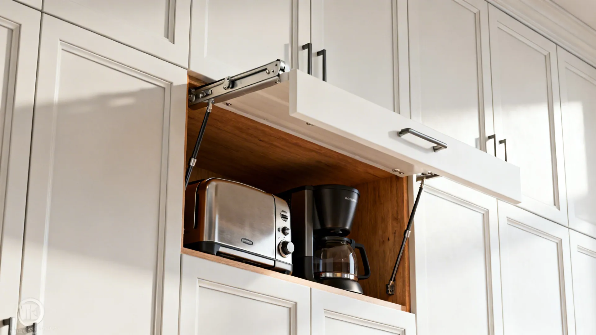 Tall kitchen cabinets with an appliance garage and pull-down hardware for high shelves.