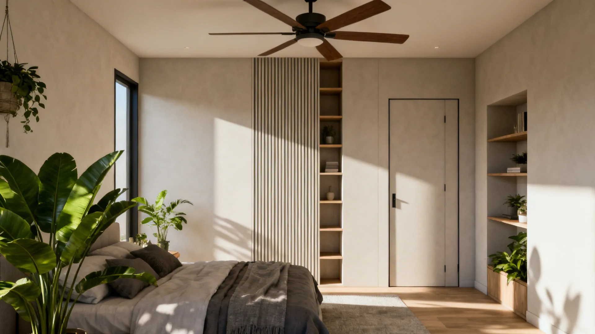 Modern bedroom featuring a wooden ceiling fan wall panel open shelves indoor plants and natural sunlight