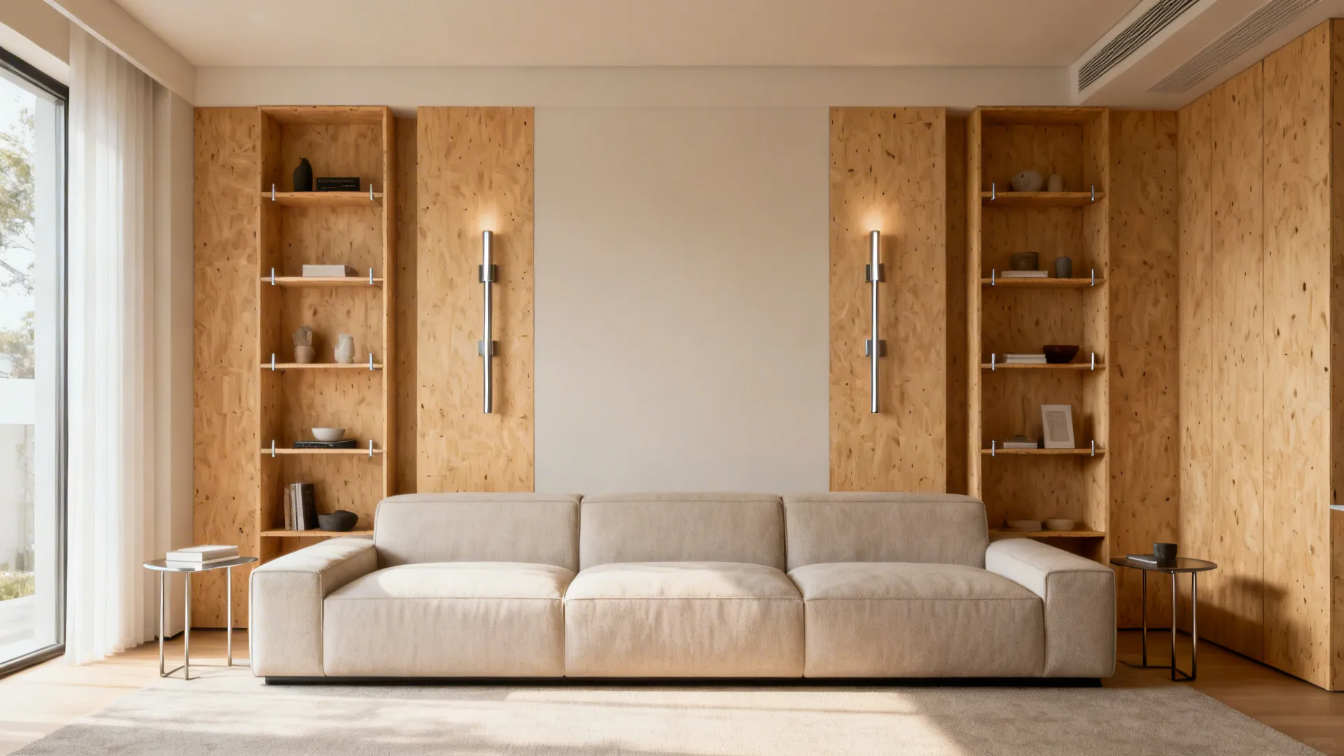 Modern living room featuring beige sofa, wooden wall shelves, vertical wall lights, and soft sunlight