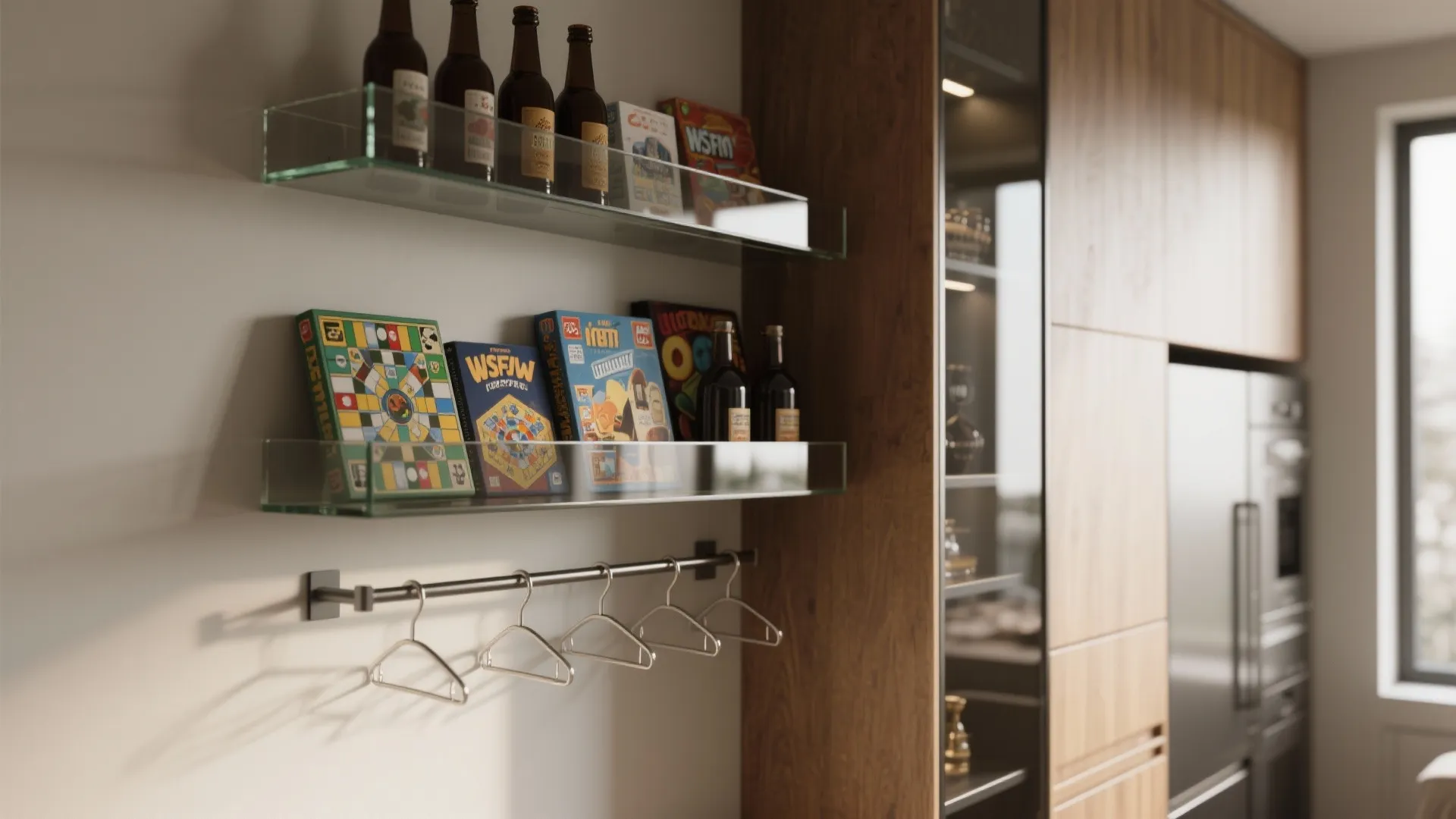 Glass wall shelves holding drink bottles and games above metal hangers in a modern kitchen
