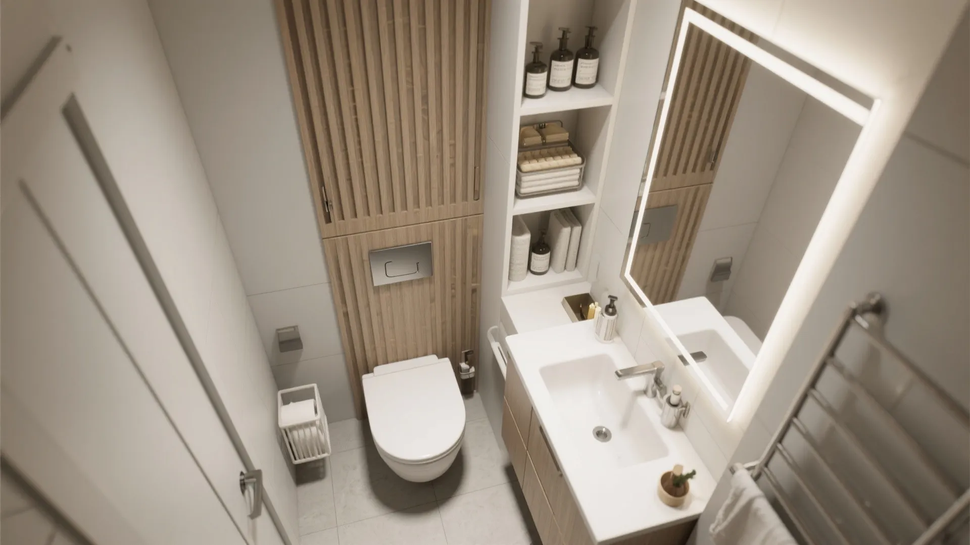Small bathroom interior design with wood wall panels, white toilet, narrow shelves, and lighted mirror