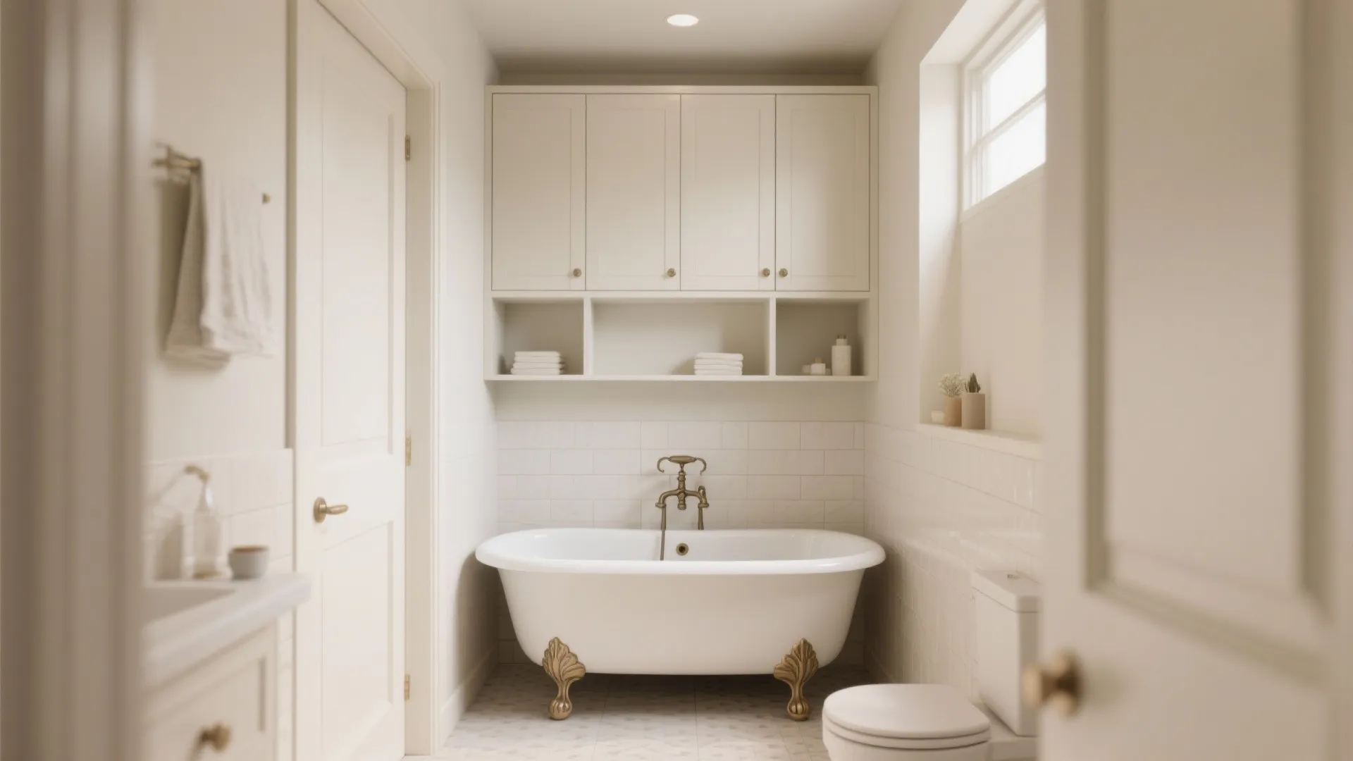 Small white bathroom with a classic bathtub wall cabinet open shelves towels and a toilet