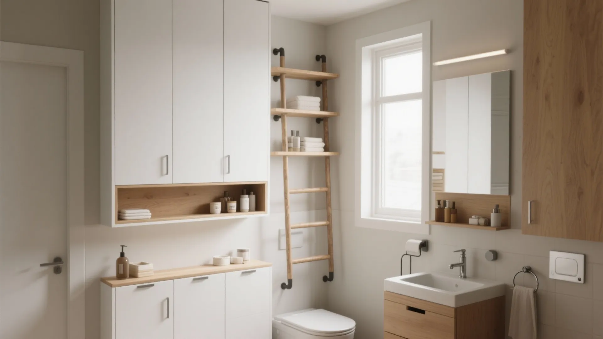 Bright modern bathroom with white storage cabinets wooden ladder shelf white toilet and wooden vanity