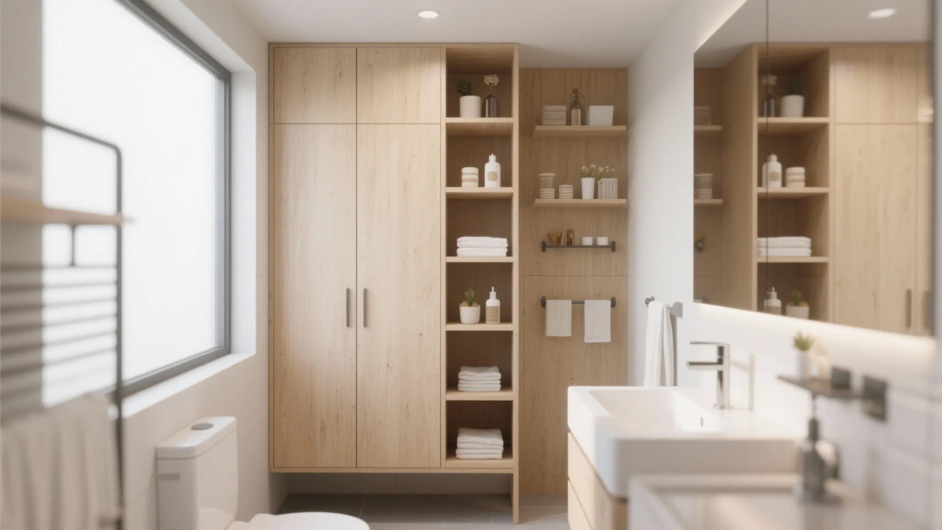 Bright bathroom with large wooden cabinet open shelving white sink mirror and a large window