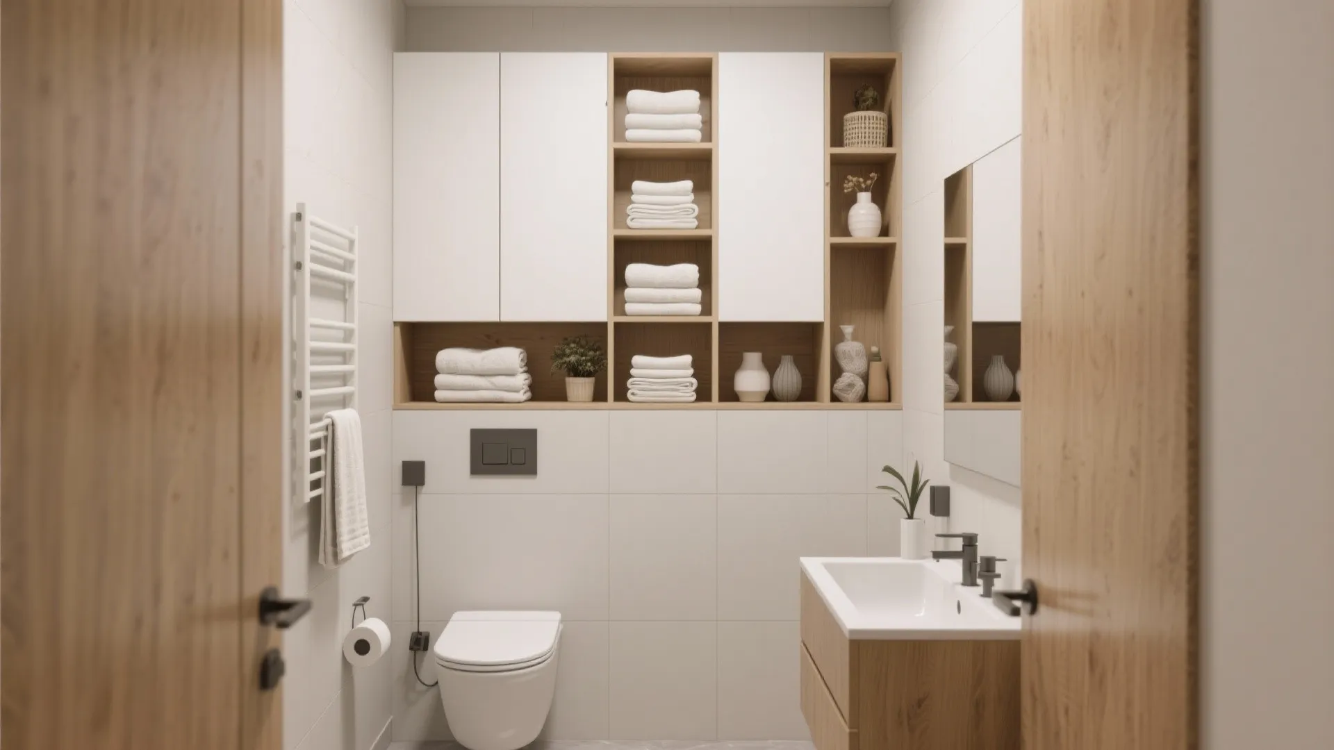 Small white bathroom with wooden cabinet storage for towels toilet sink and mirror on wall