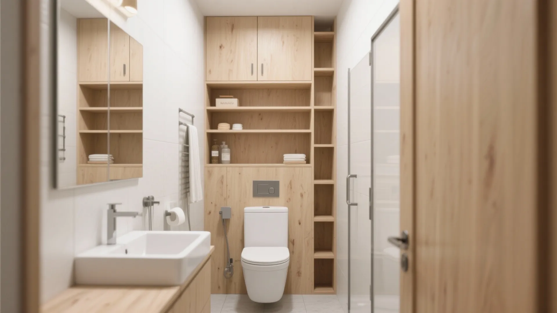Small bathroom with wooden vertical storage shelves above white toilet and wall mirror with sink