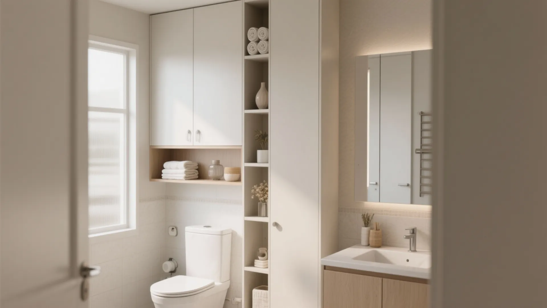 White bathroom storage cabinet and shelves with towels above toilet next to mirror and sink area