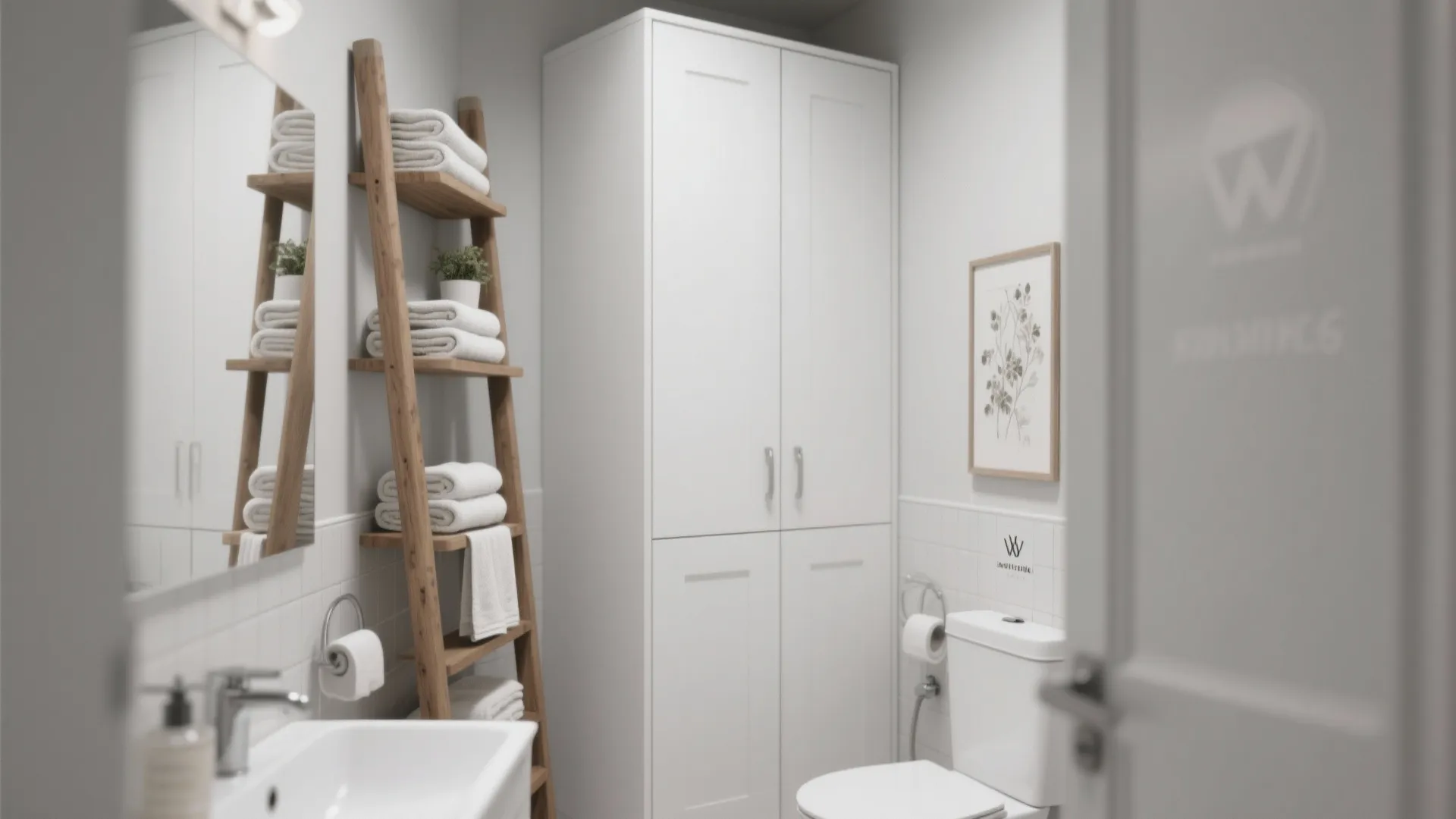 Bathroom with tall cabinet and ladder shelves for storage