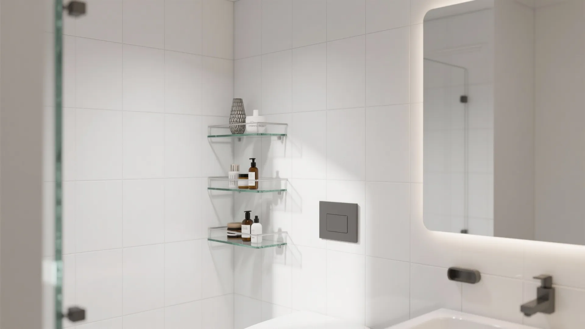 Three glass wall shelves holding toiletries in a white tiled bathroom next to lit mirror
