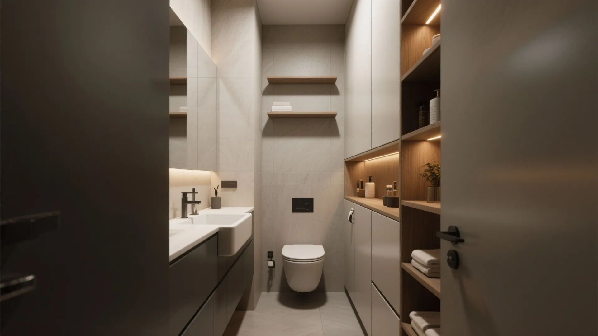 Modern narrow bathroom with built-in cabinets, open wooden shelves, white toilet, and gray sink vanity