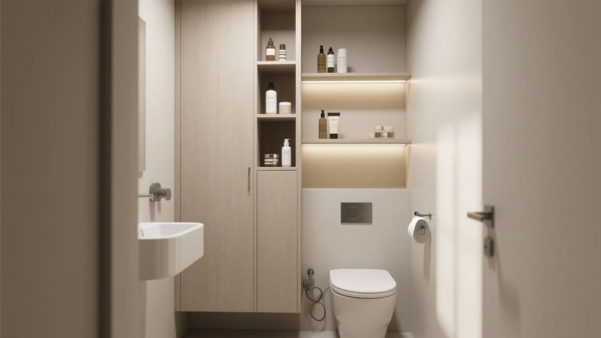 Small bathroom layout with white toilet wooden storage cabinet open shelves small sink and neutral walls