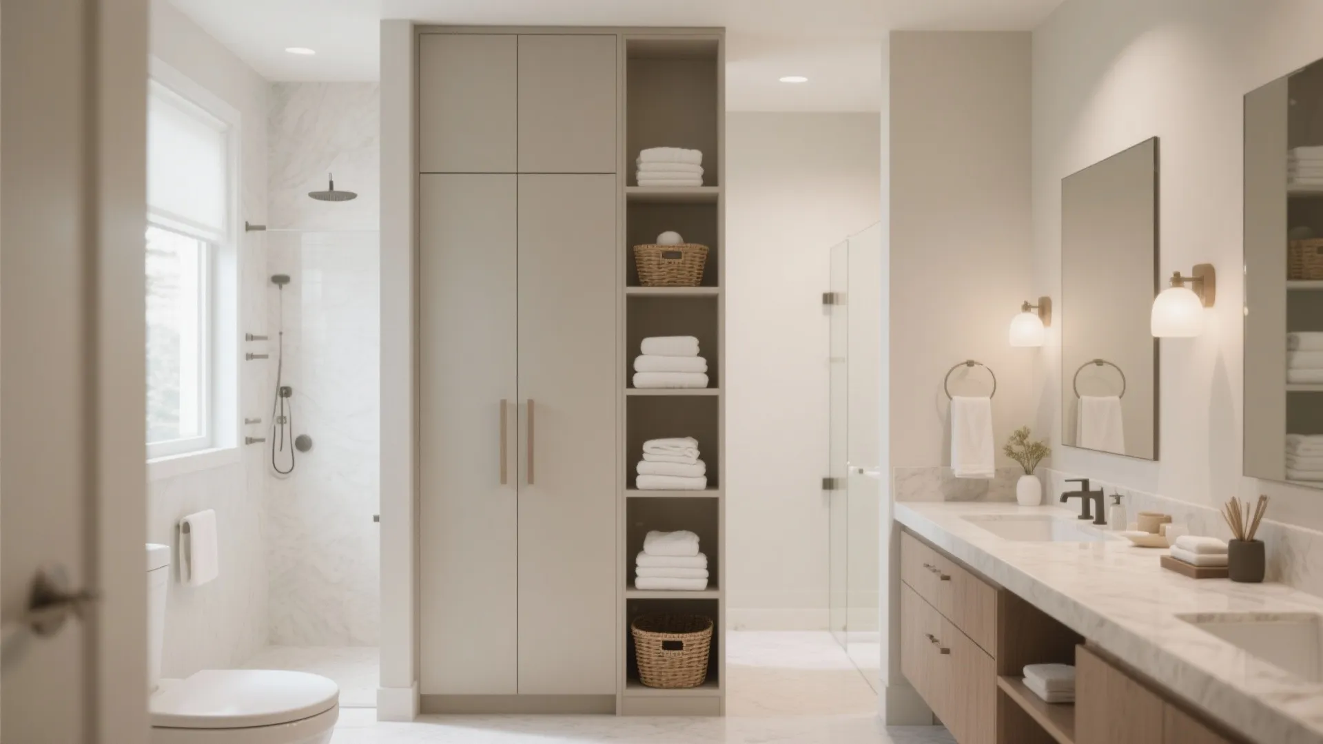 Modern bathroom featuring a tall beige storage cabinet with open shelves for towels and vanity