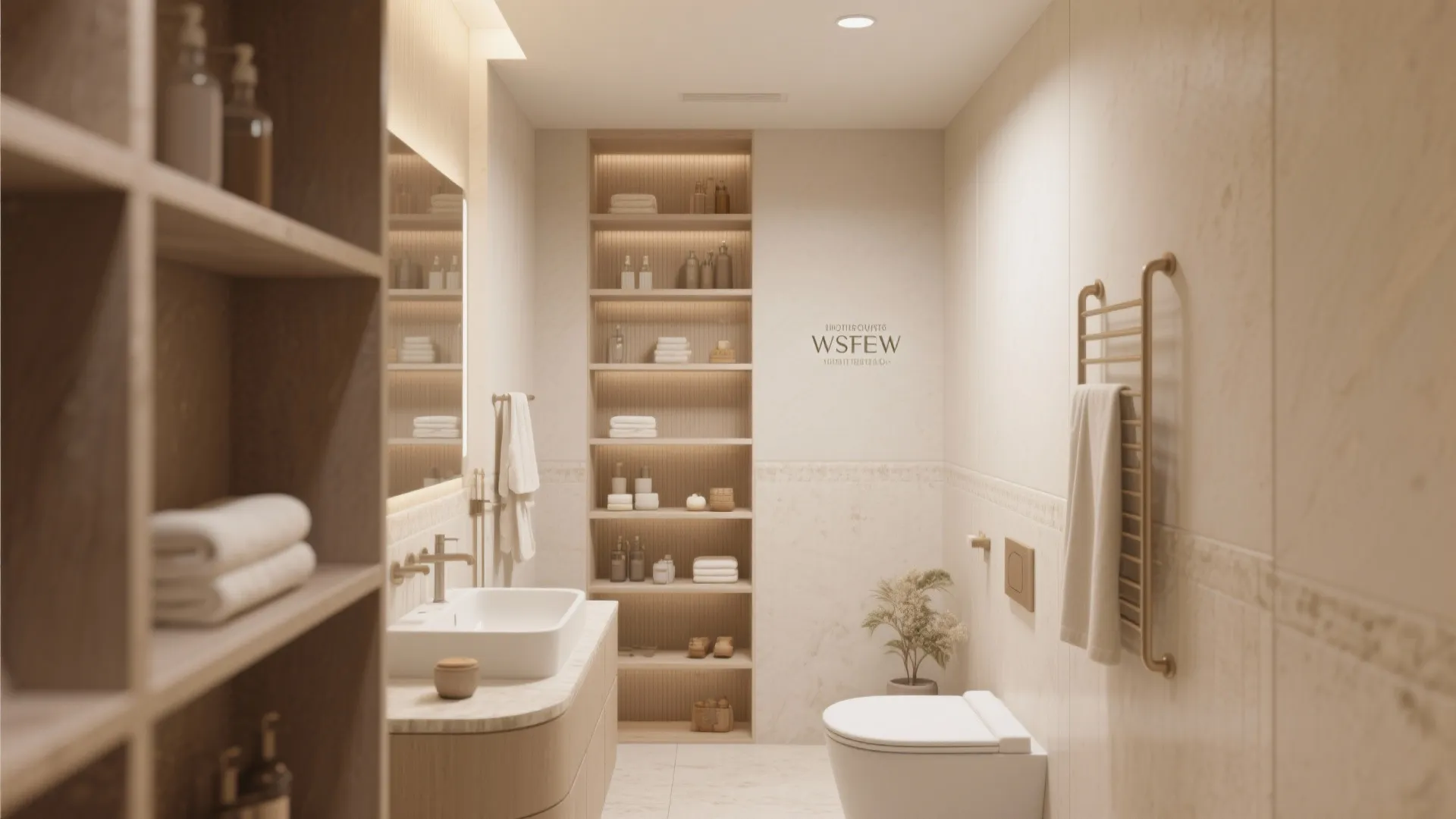 Small bathroom with tall vertical storage shelves