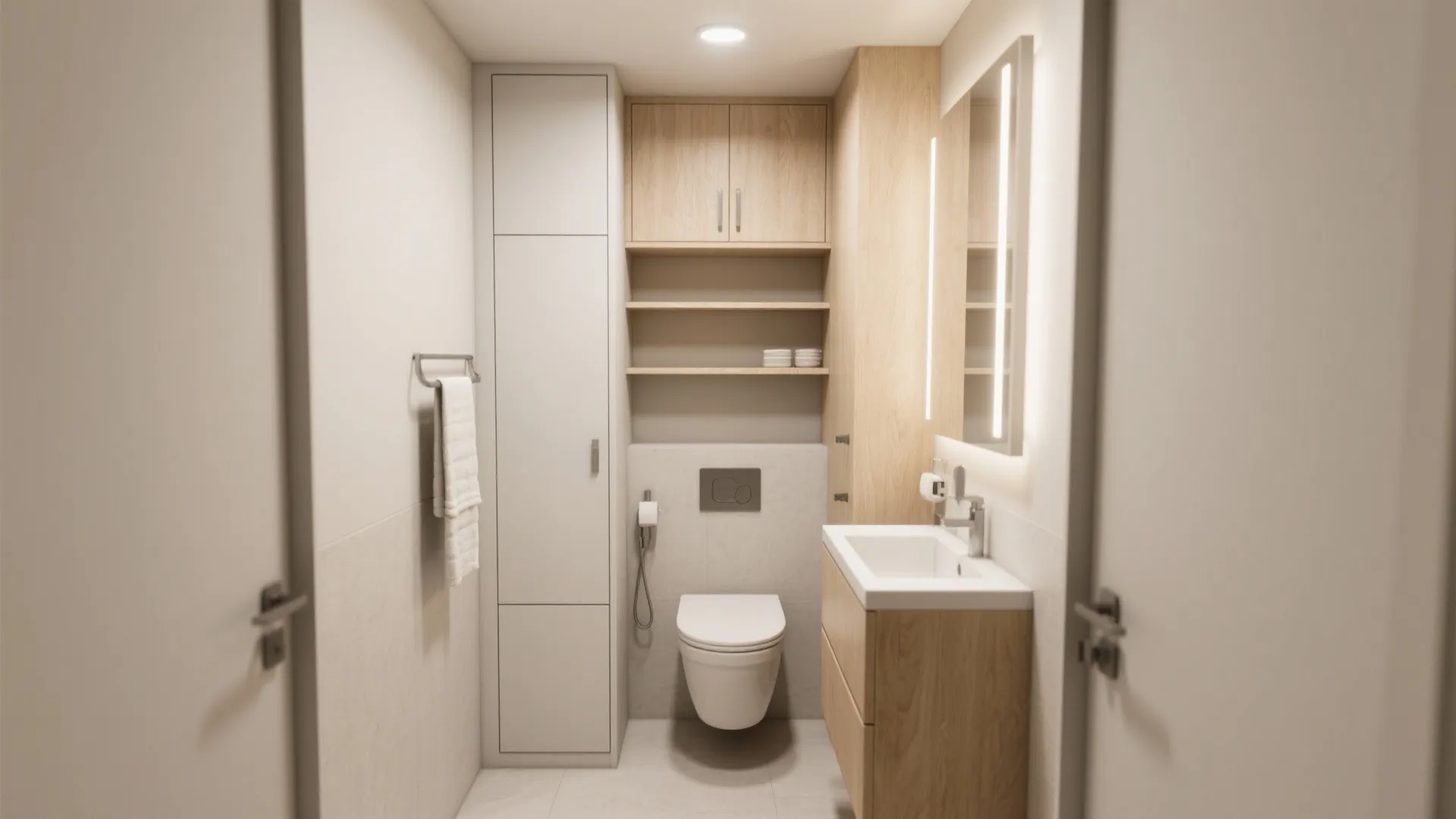 Modern small bathroom with wood cabinets white toilet vanity sink mirror and tall wall storage