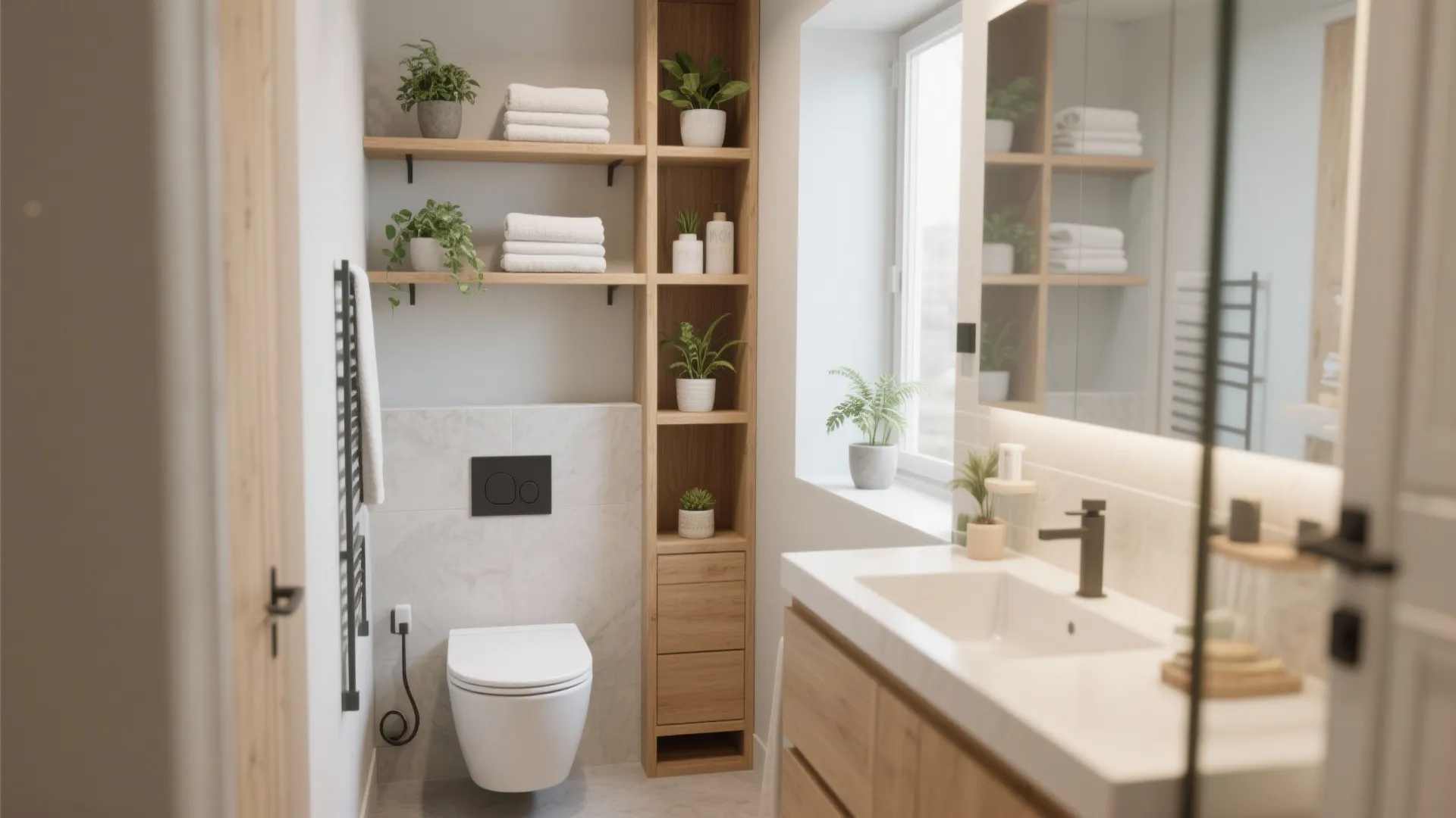Modern bathroom with white toilet wooden vertical storage shelves potted green plants and white marble walls