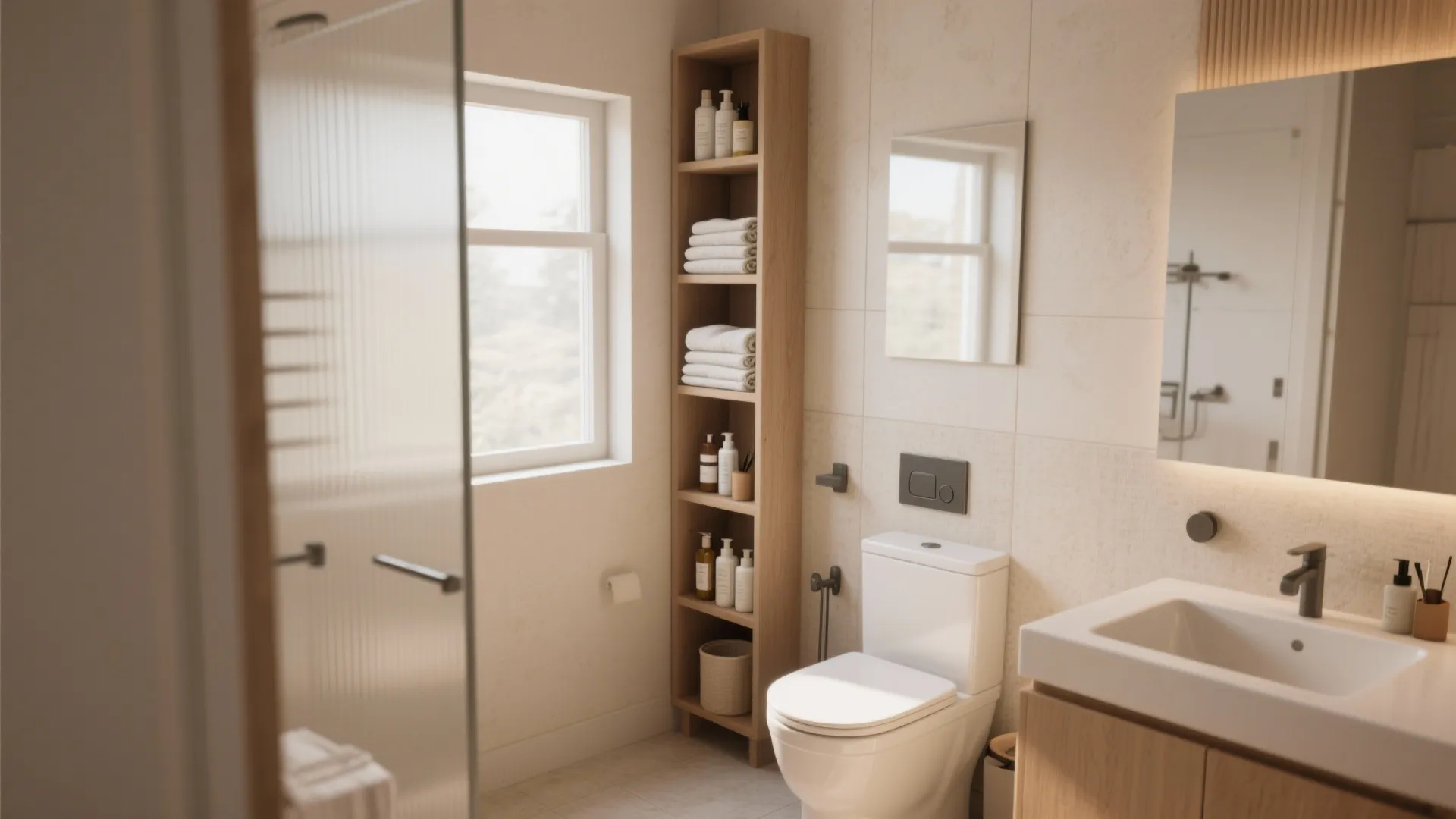 Tall narrow shelving maximizing storage in a small bathroom