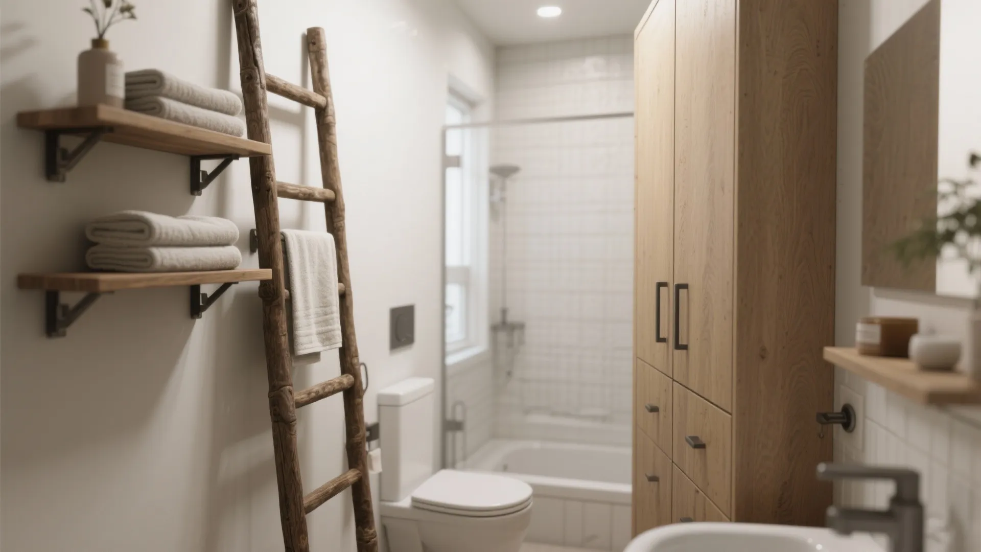 Small bathroom with wooden wall shelves a ladder towel rack and a tall wooden cabinet
