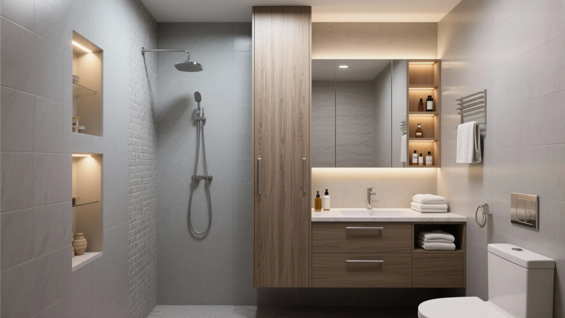 Small bathroom with a tall cabinet, recessed niches, and a raised mirror cabinet for clean counters.